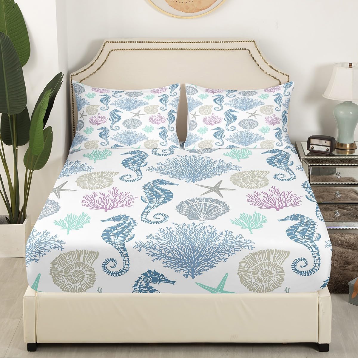 Juego de sábanas tamaño King, diseño de conchas de estrella de mar, conchas marinas y conchas de animales marinos costeros, decoración de dormitorio