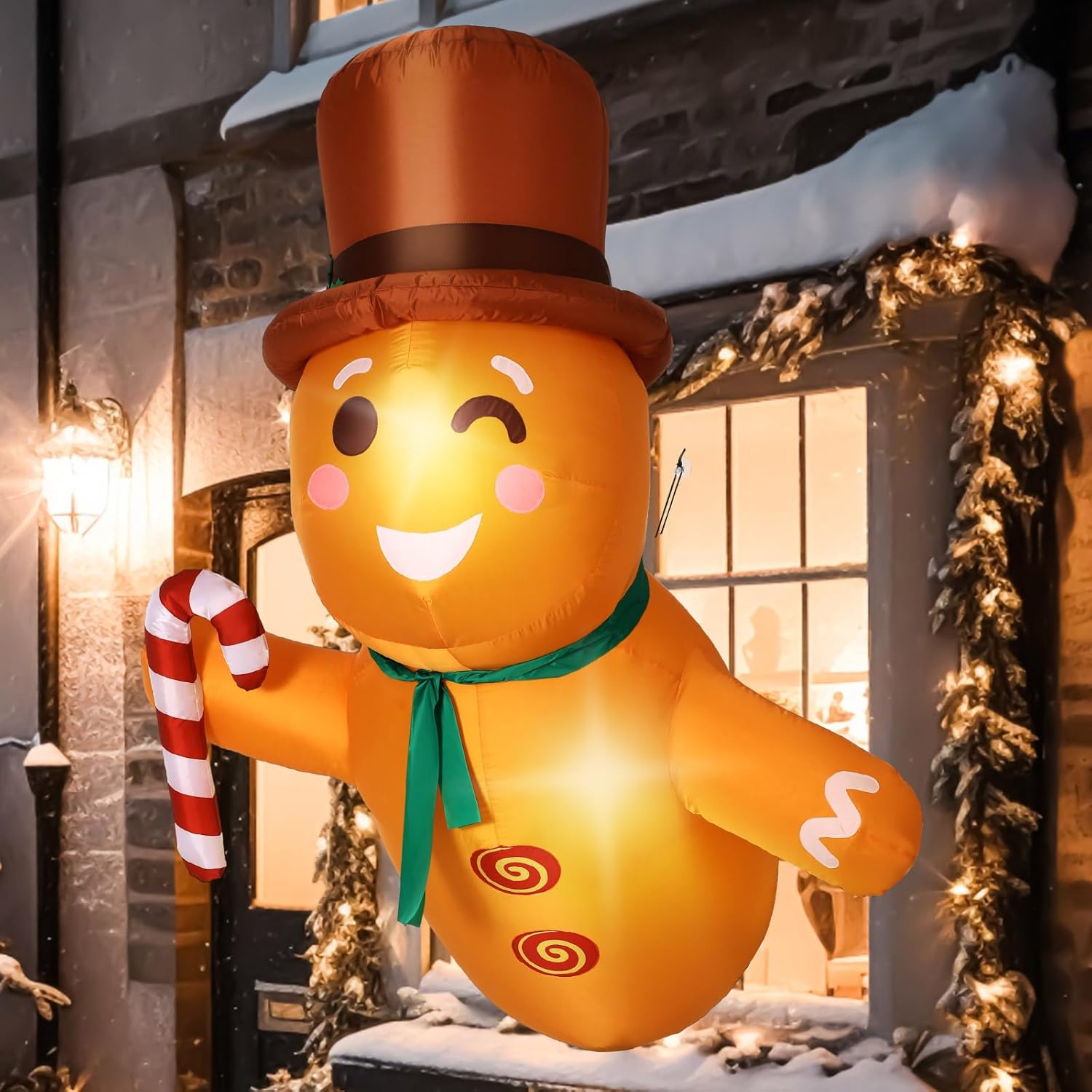 Decoración de pan de jengibre inflable de Navidad de 3.5 pies con luces LED que se inclina hacia fuera de la ventana, inflables de Navidad,