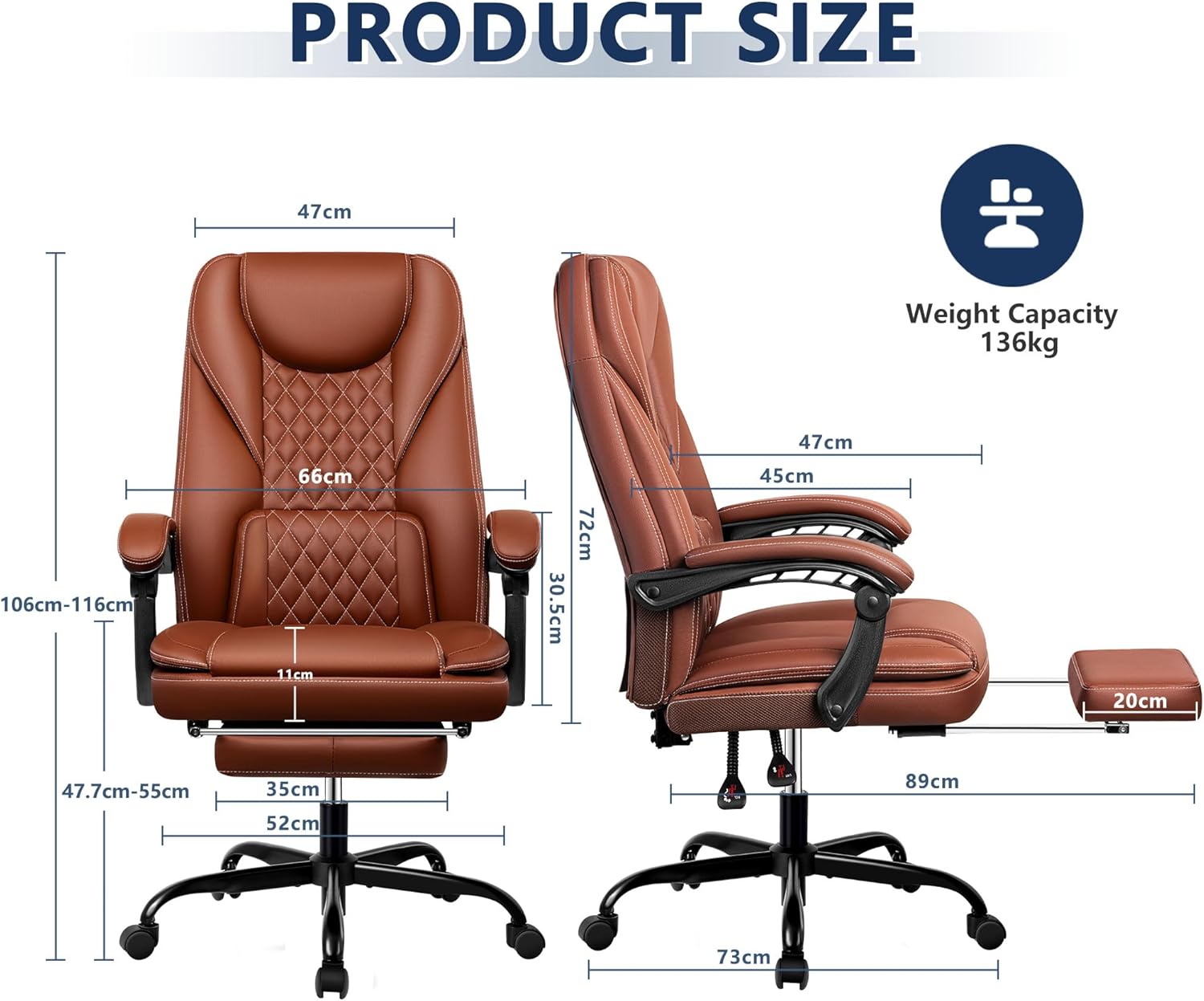 Guessky Silla de oficina ejecutiva, silla de oficina reclinable de cuero grande y alta con reposapiés, respaldo alto, silla de escritorio de oficina