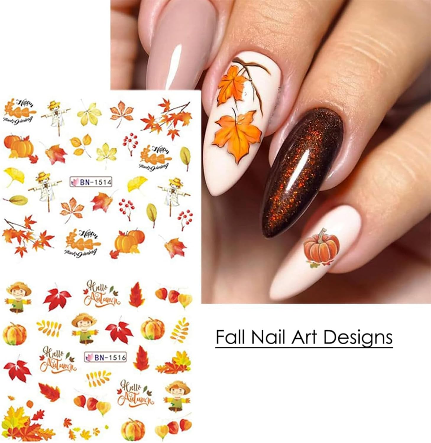 Calcomanías de arte de uñas de otoño, calcomanías de uñas de Acción de Gracias, hoja de arce, pavo, transferencia de agua, calcomanías de uñas de