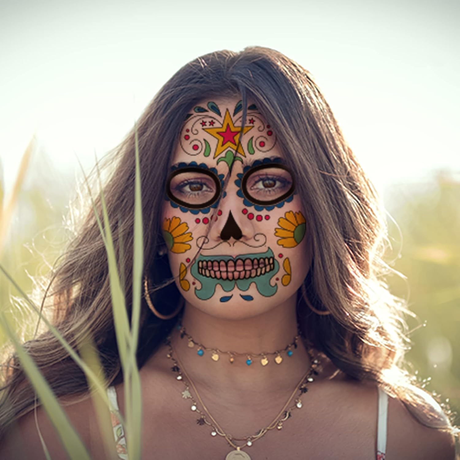 18 hojas de tatuajes temporales del día de los muertos, calavera de azúcar para adultos, esqueleto falso, rosas rojas, tatuajes de Halloween,