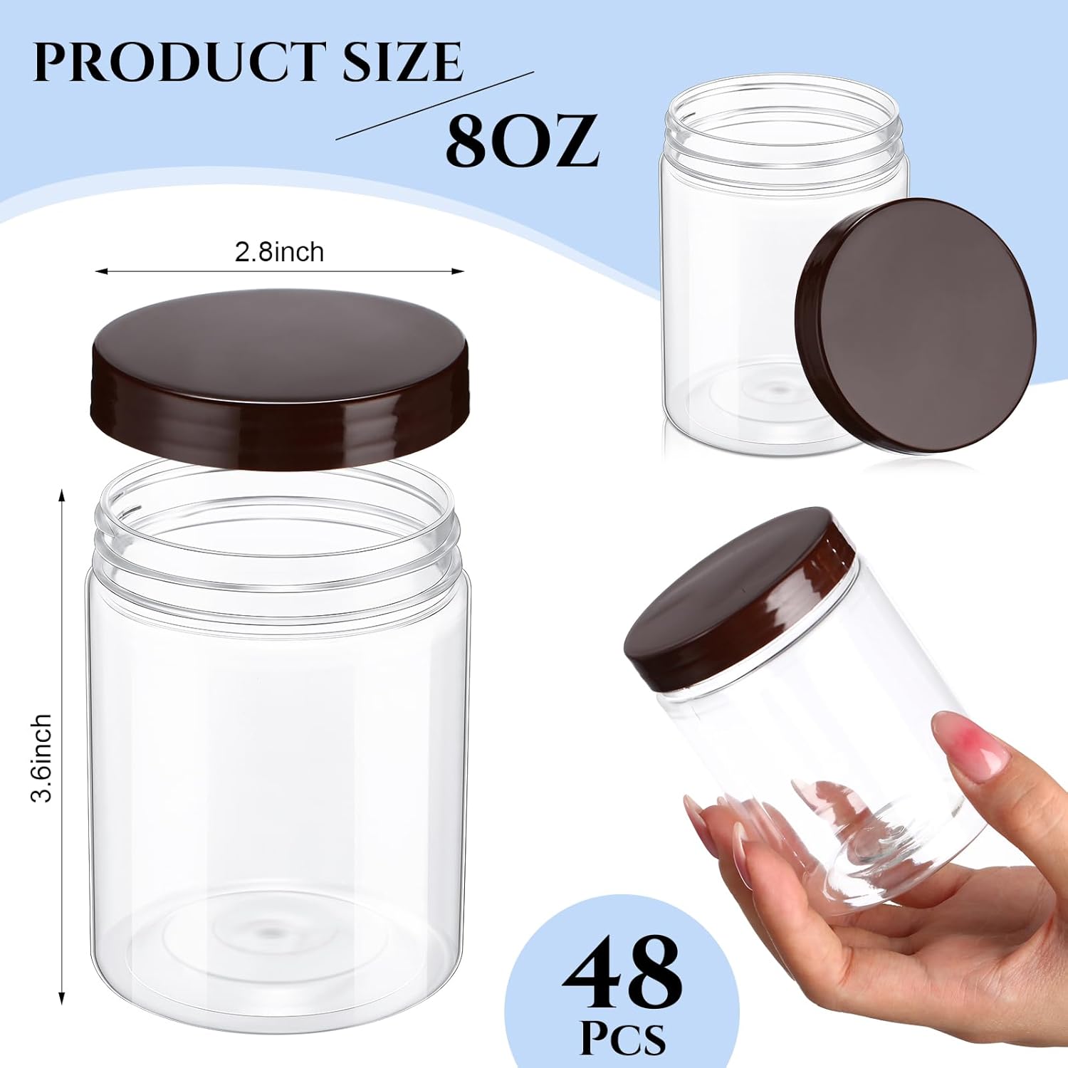 48 tarros de plástico transparente de 8 onzas con tapas de rosca, recipientes de almacenamiento de plástico vacíos y redondos, rellenables, pequeños