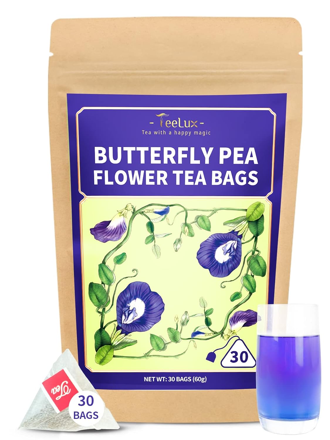 TeeLux Bolsas de té de flores de guisante de mariposa, té de guisante de mariposa natural, flor de guisante de mariposa seca de primera calidad para