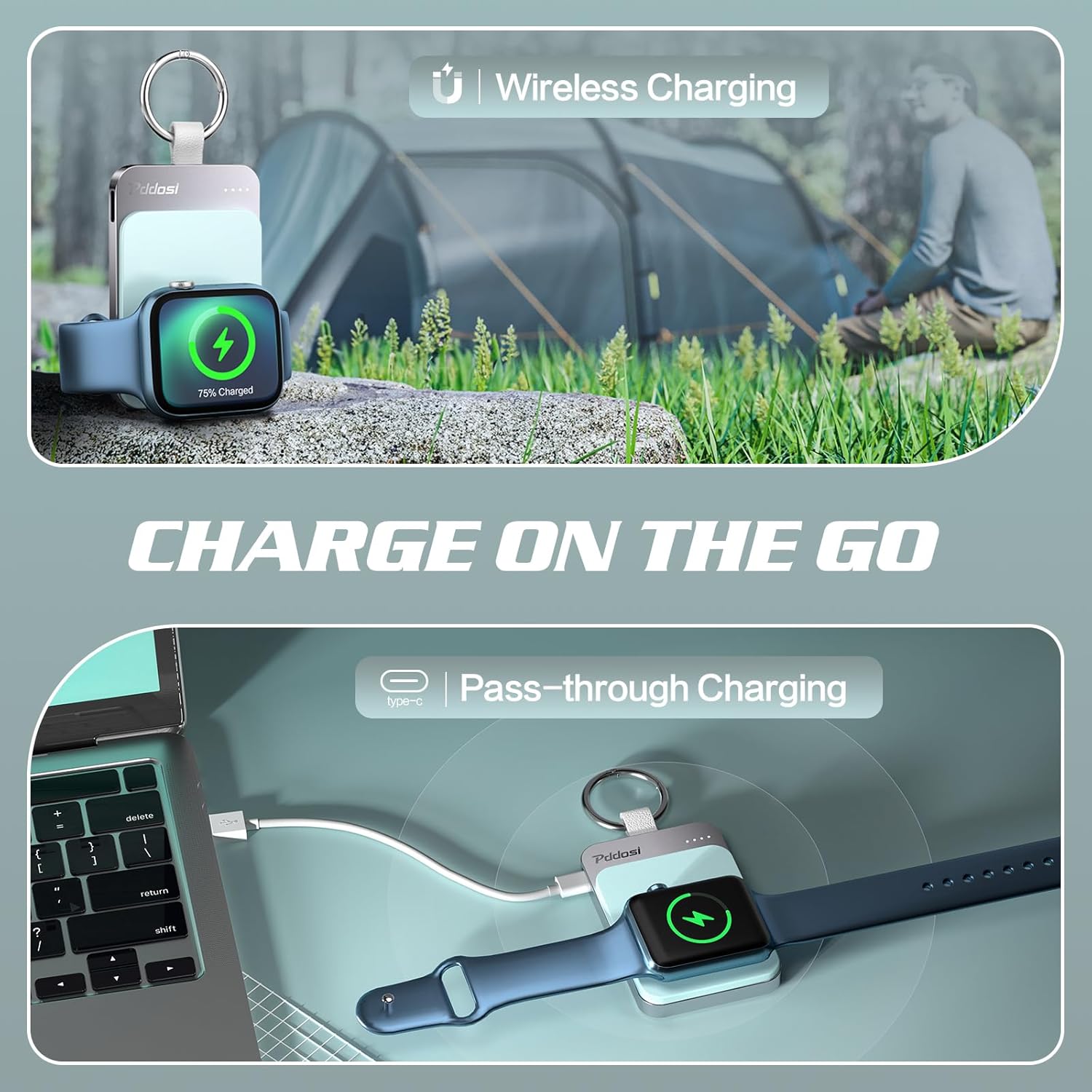 Cargador inalámbrico portátil para Apple Watch, cargador magnético de 1500 mAh para iWatch de viaje, cargador de reloj portátil, llavero de batería
