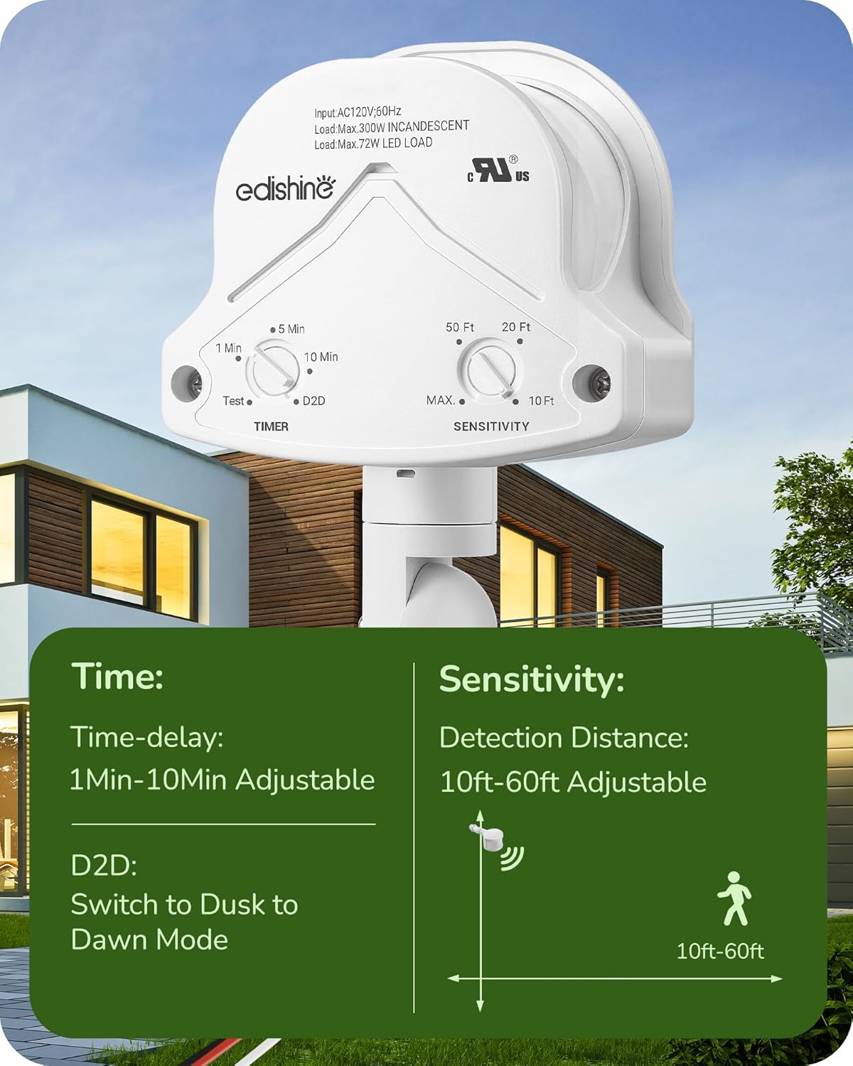 EDISHINE Sensor de movimiento, sensor automático de anochecer a amanecer, sensor PIR de movimiento de 120 V CA, rango de detección y tiempo de