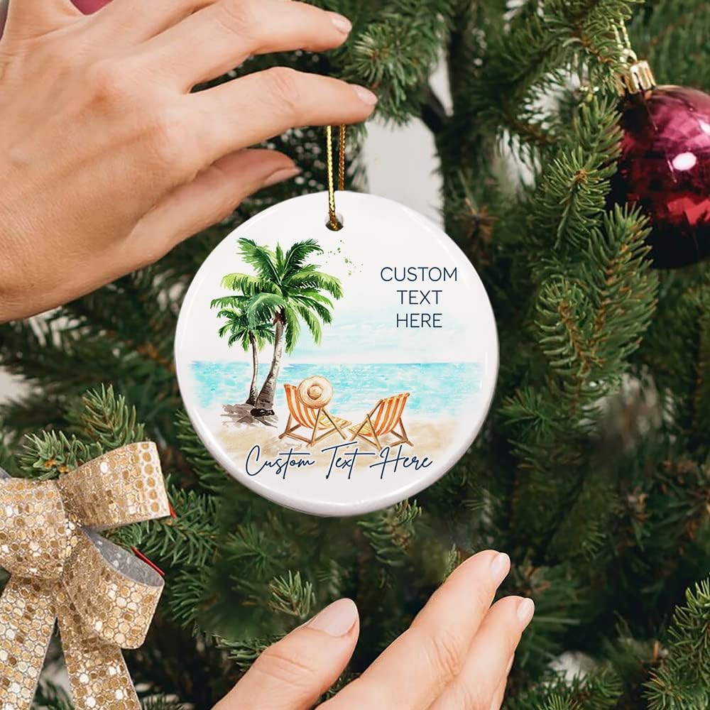 Adorno de Navidad personalizado para parejas en la playa, texto personalizado, bonito adorno de playa, vacaciones memorables, adorno de playa de