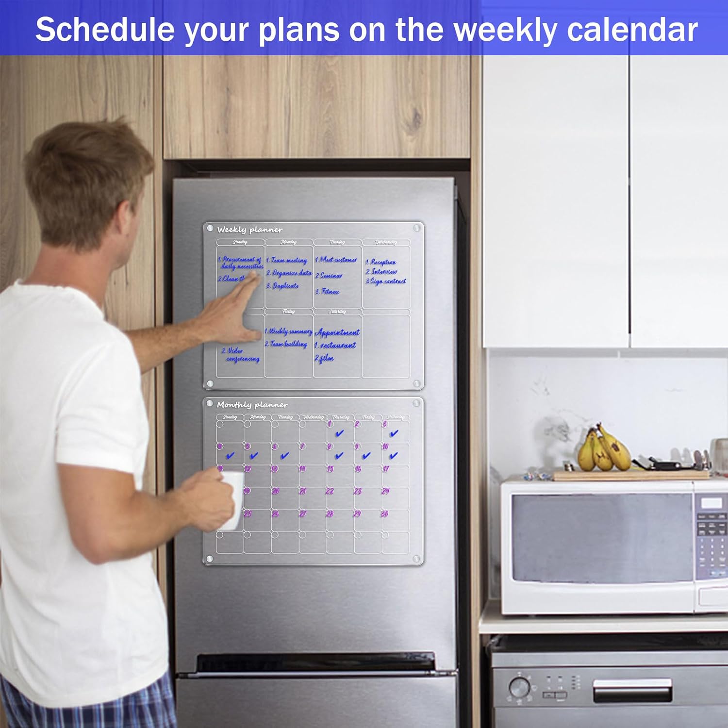 Calendario acrílico magnético para nevera, paquete de 2 calendarios magnéticos de 12 x 16 pulgadas, borrado en seco, tablas de planificación mensual