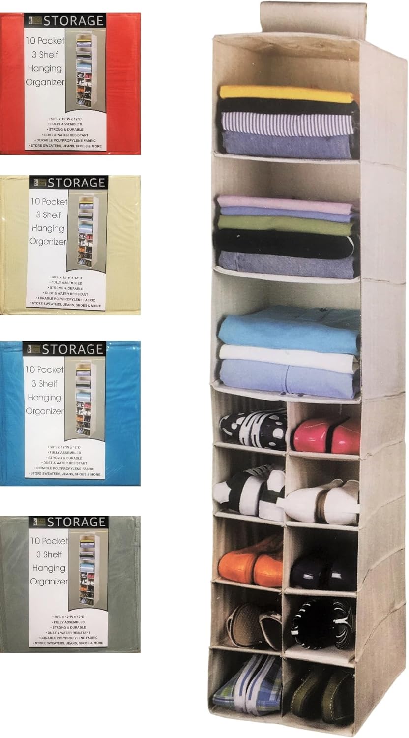Better Home Organizador colgante para armario, 3 estantes y 10 bolsillos para zapatos, ahorro de espacio de almacenamiento de 50 x 12 x 12 pulgadas