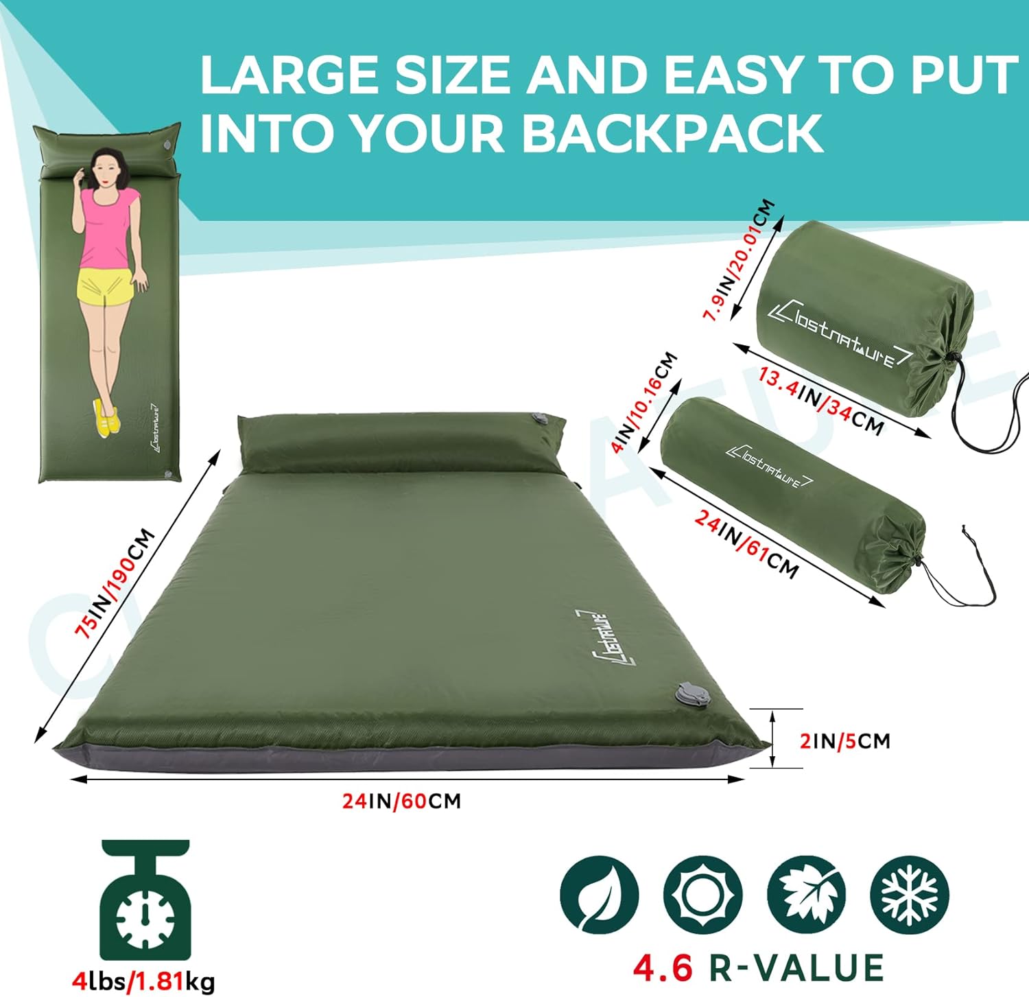 Clostnature Almohadilla de dormir autoinflable para campamento, almohadilla de campamento de 1.523 pulgadas, almohadilla de colchón inflable ligera,