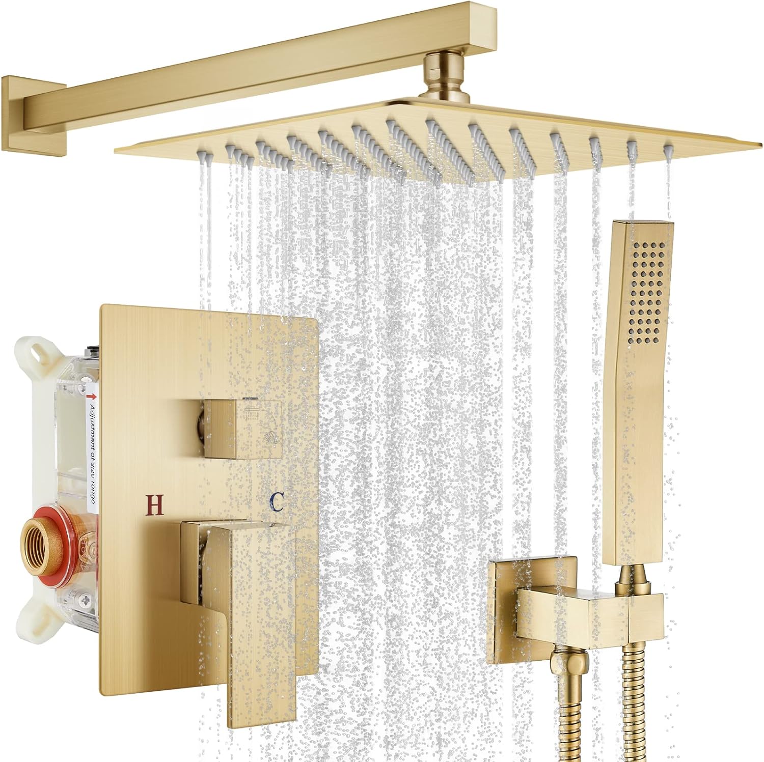 gotonovo Sistema de ducha de lluvia dorado cepillado con alta presión de 10 pulgadas de cabezal de ducha cuadrado y mango para baño, montado en la