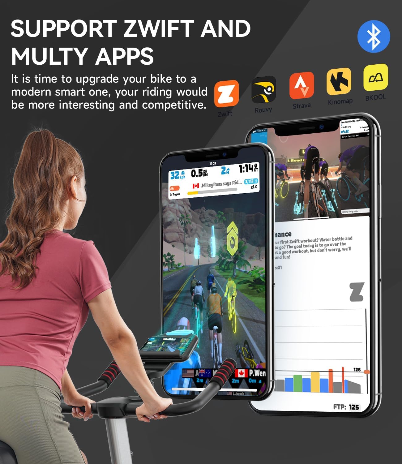 Pooboo Bicicleta estática magnética, bicicleta de ciclismo para interiores con sensor Bluetooth integrado, compatible con aplicaciones de bicicleta