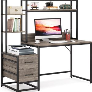 Escritorio para computadora de 55 pulgadas con cajones y gabinete, escritorio de oficina rústico con estantes de almacenamiento para oficina en casa Escritorio para computadora de 55 pulgadas con cajones y gabinete, escritorio de oficina rústico con estantes de almacenamiento para oficina en casa