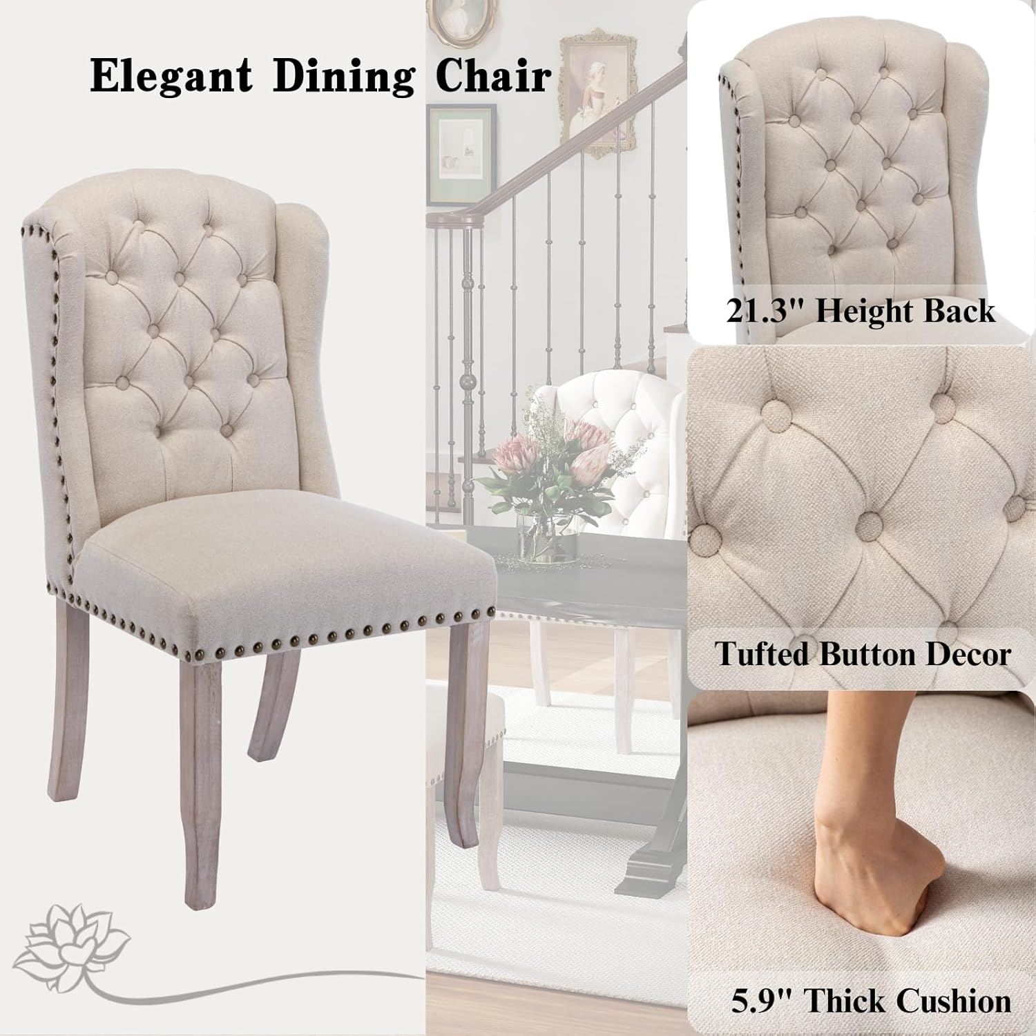 Juego de 2 sillas de comedor clásicas tapizadas de lino con respaldo alto y patas de madera, cómodas sillas laterales sin brazos para cocina,