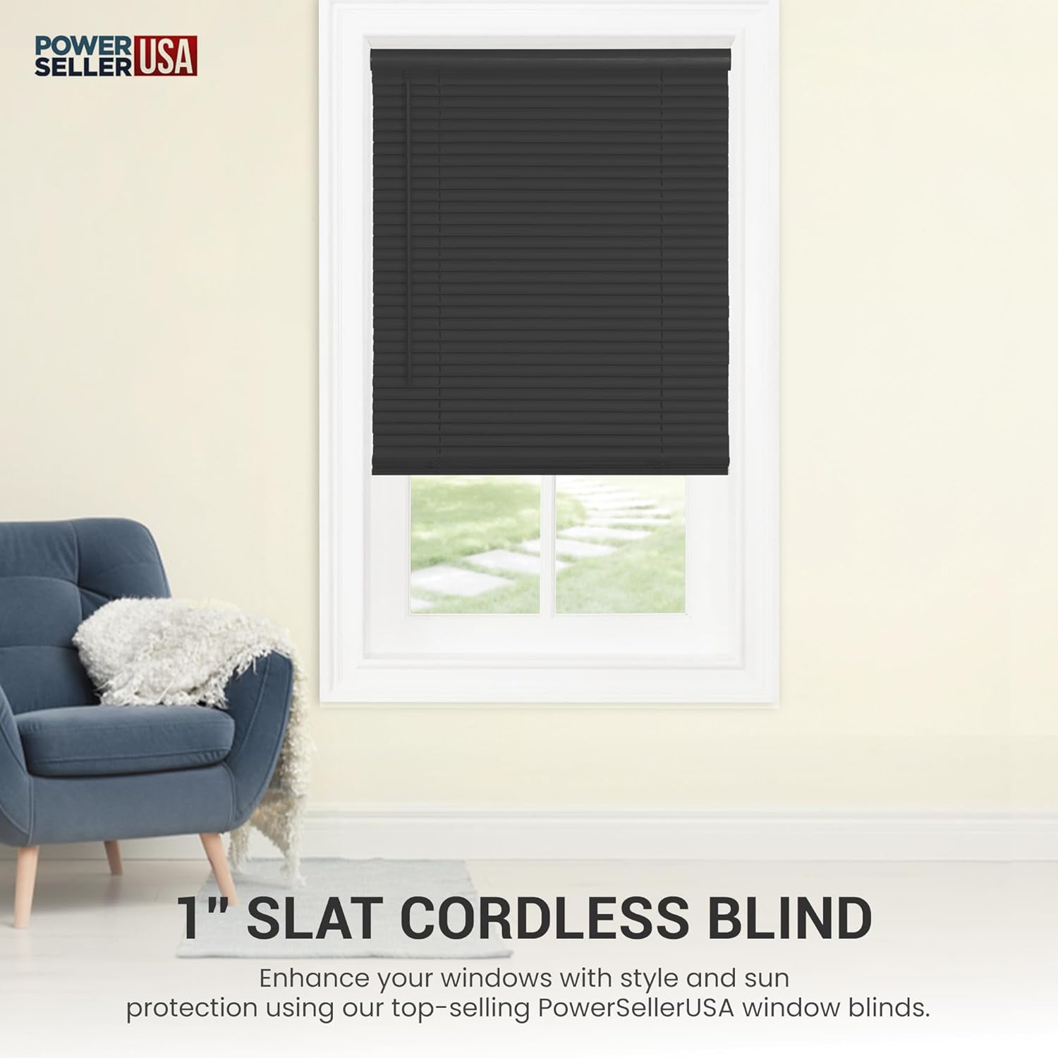 PowerSellerUSA Persianas sin cordones, privacidad y filtro de luz, listones de 1 pulgada de vinilo, tratamiento de ventana anti-UV, se adapta a