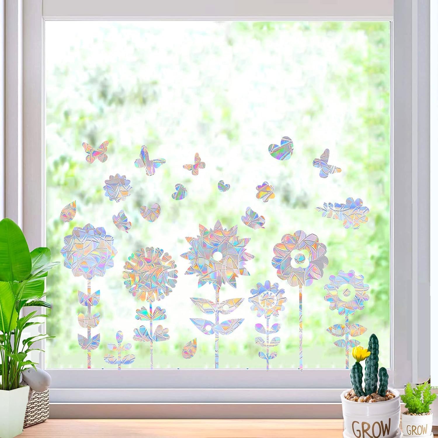 Calcomanías de ventana de flores, anticolisión de mariposa, calcomanías para salvar a los pájaros de colisiones de ventanas, vinilo prismático no
