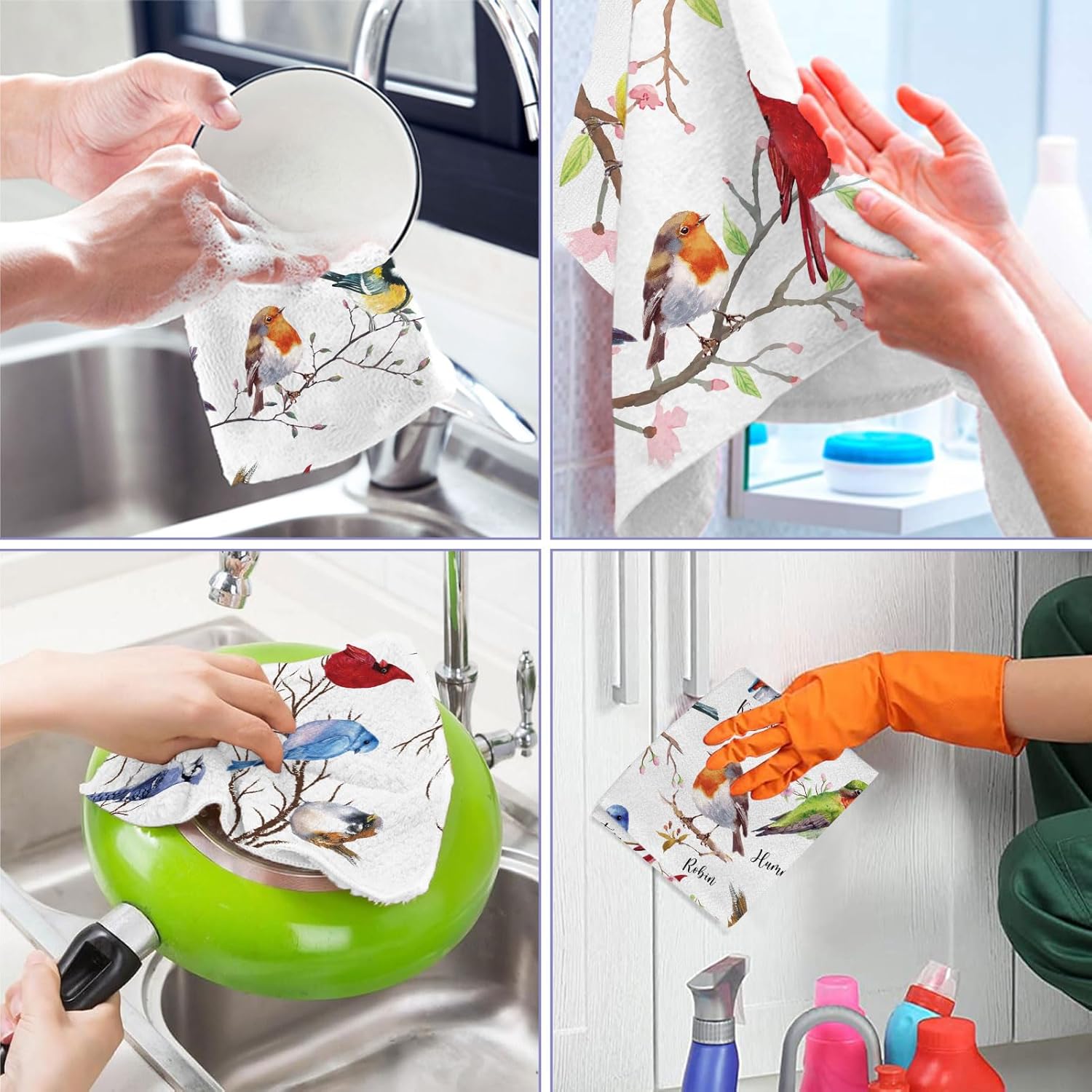 Juego de 4 toallas de cocina con diseño de pájaros, diseño de pájaros en rama, color cardenal, colibrí, azul, toallas de cocina absorbentes para