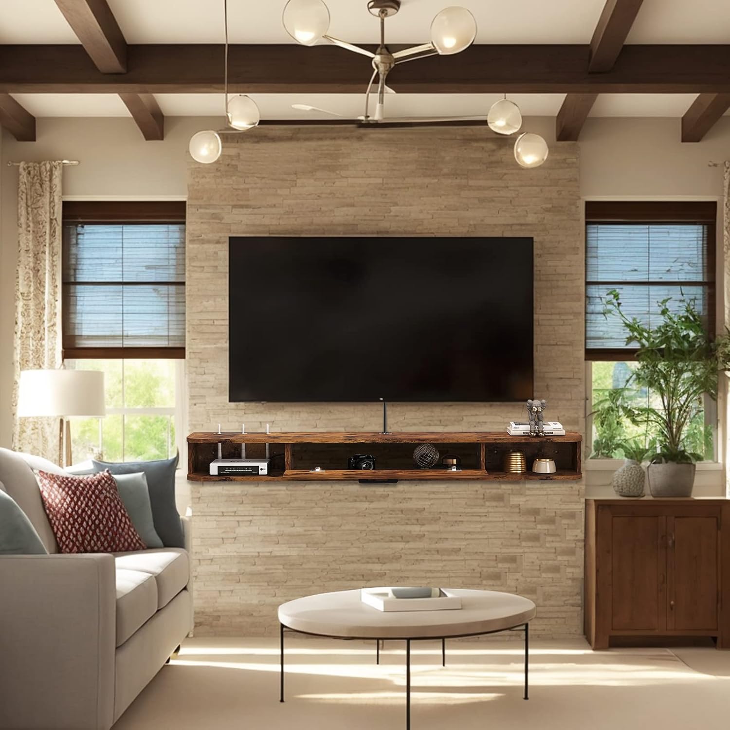 Unidad de TV flotante, mueble de TV montado en la pared de 63 pulgadas, estantes flotantes con puerta, centro de consola multimedia de