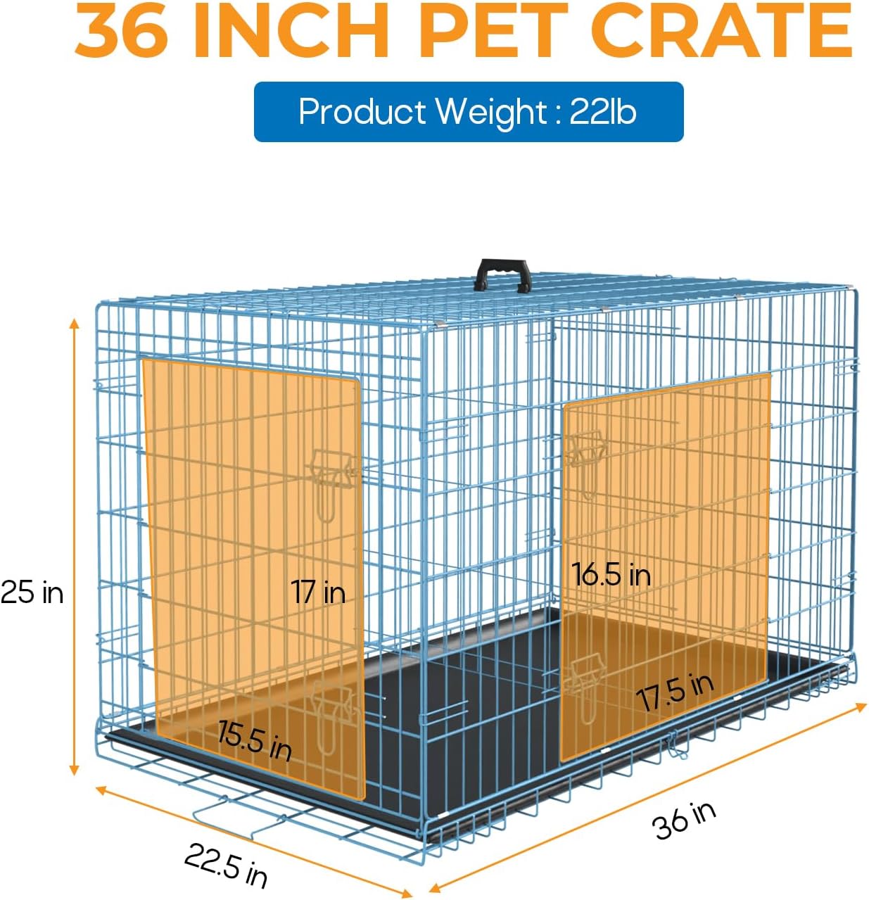 Jaula para perros de 36 pulgadas, plegable, grande, de alambre de metal, con bandeja divisor de doble puerta a prueba de fugas y asa para perro,
