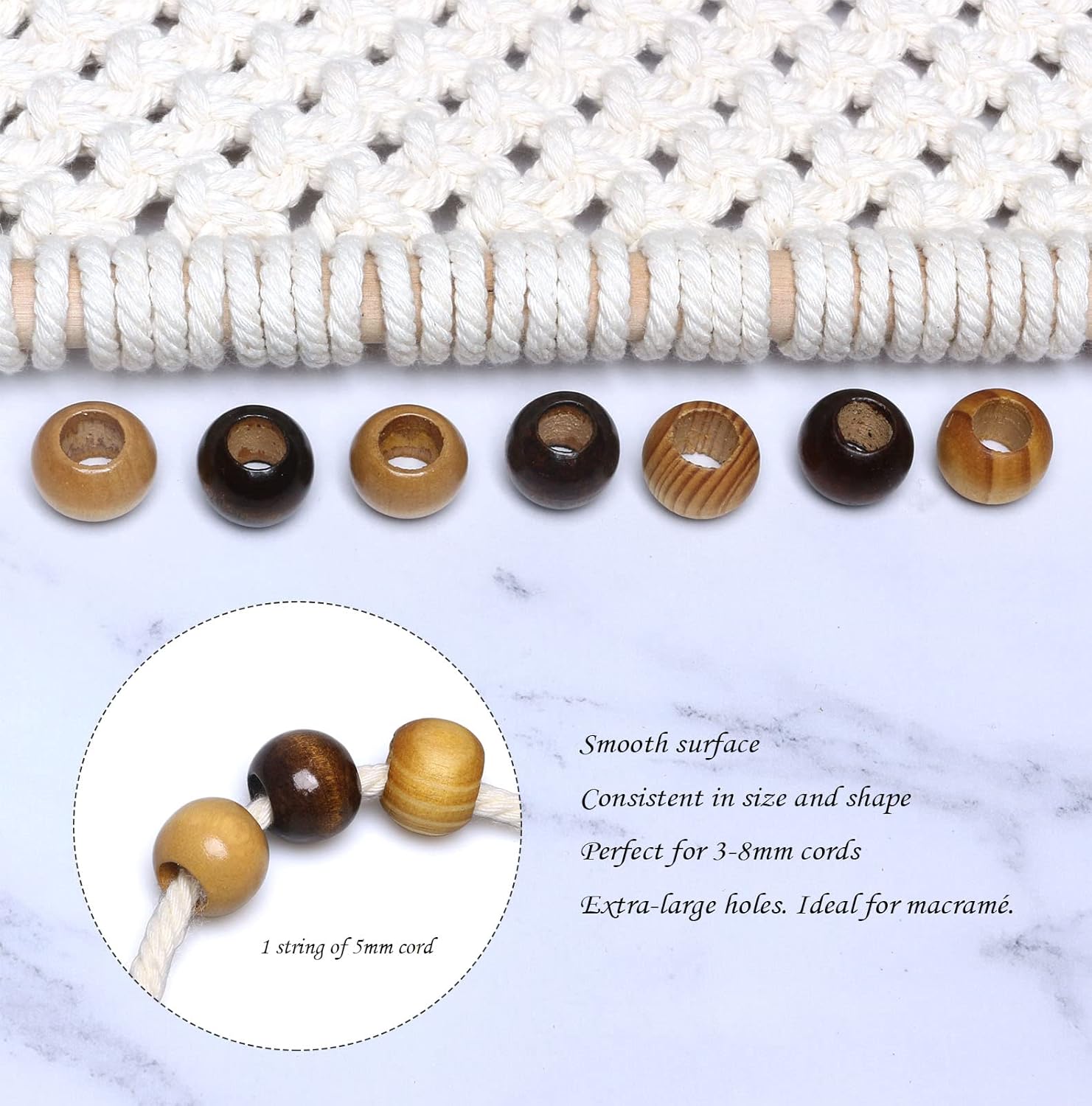 Cuentas de macramé de madera marrón, 0.787in, 50 cuentas, agujero de 0.394in, cuentas de madera con agujero grande de calidad para proyectos de