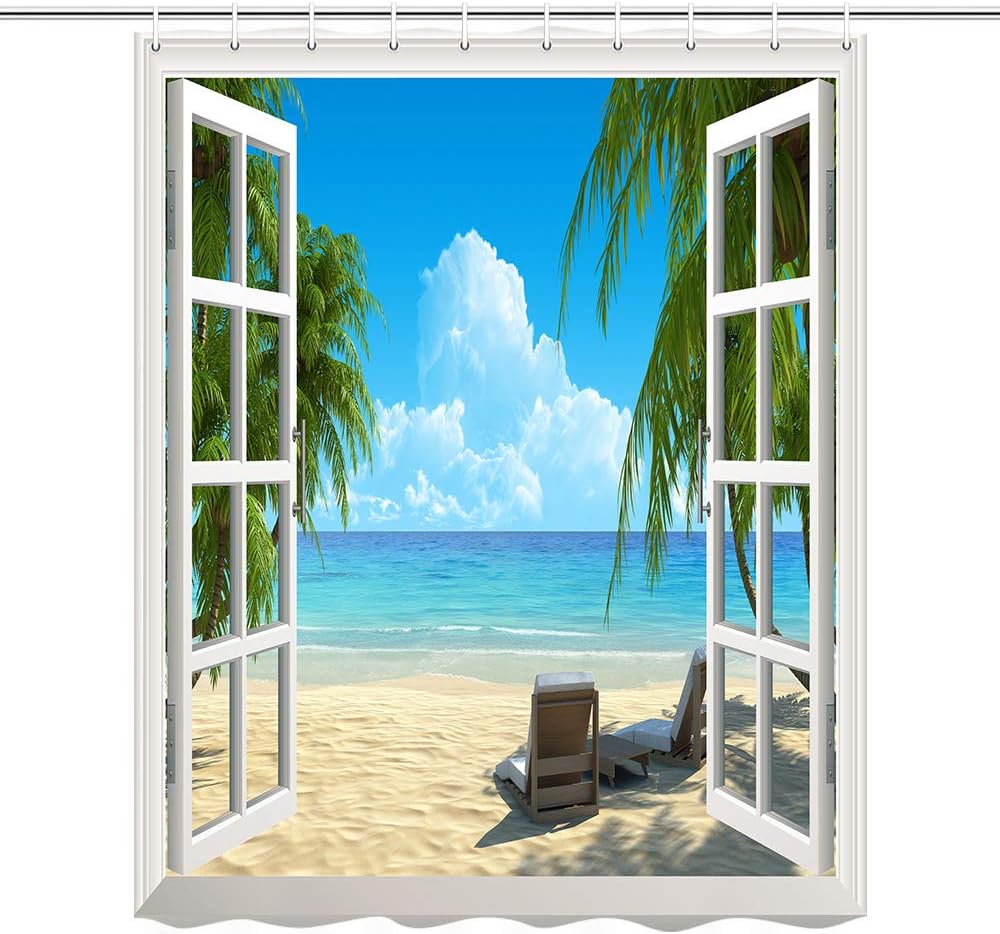 Cortina de ducha con escena de playa, cortina de ducha de playa tropical, escena de playa, isla del océano, palmera, decoración de baño, cortina
