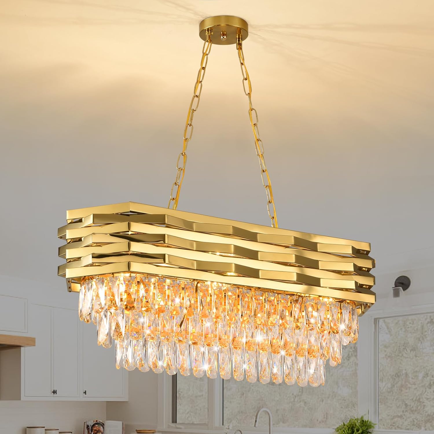 Gold Modern Crystal Chandeliers for Dining Room 8-Light Gold Chandelier Living Room Dining Room Chandelier Oval Ceiling Hanging Light Pendant Light