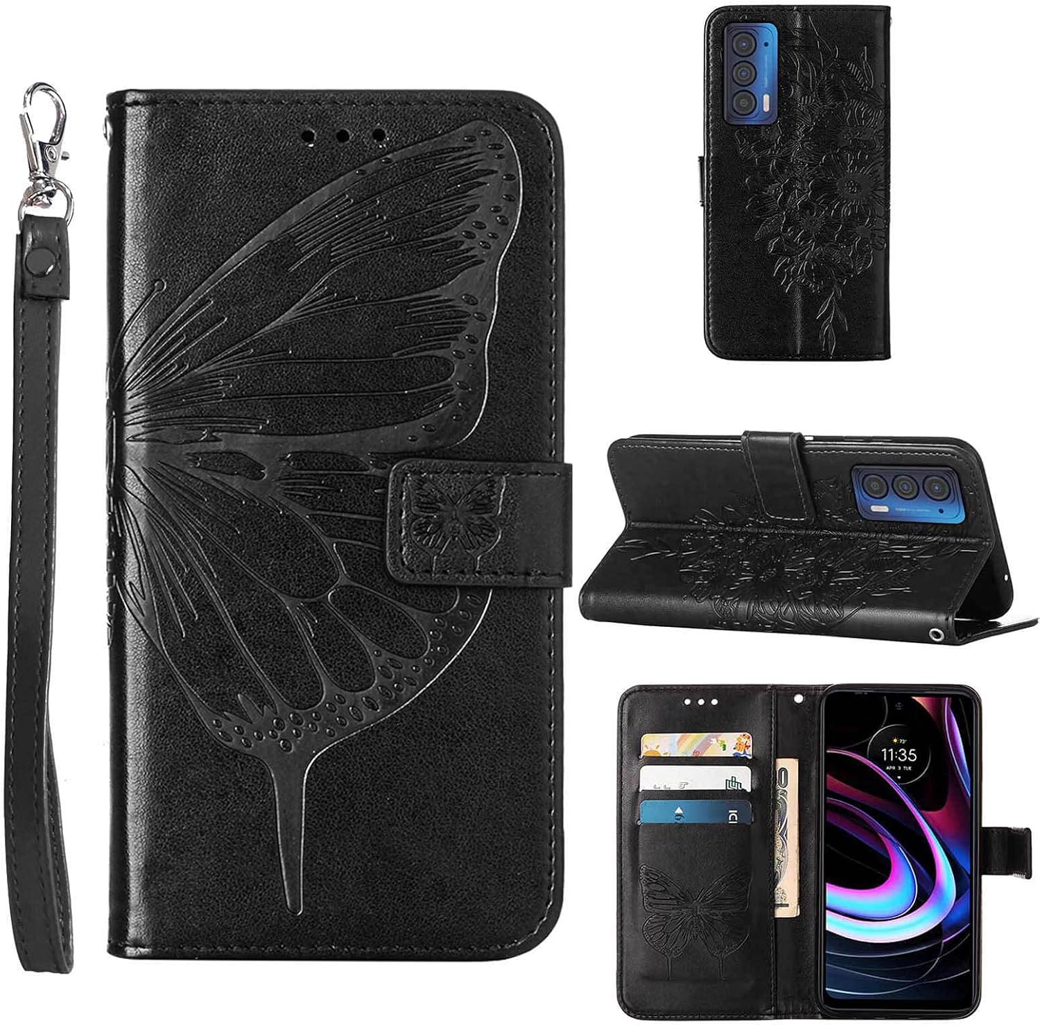 Funda compatible con Motorola Edge 2021, función atril, correa de muñeca, ranuras para tarjetero, diseño floral de mariposa, funda de piel sintética