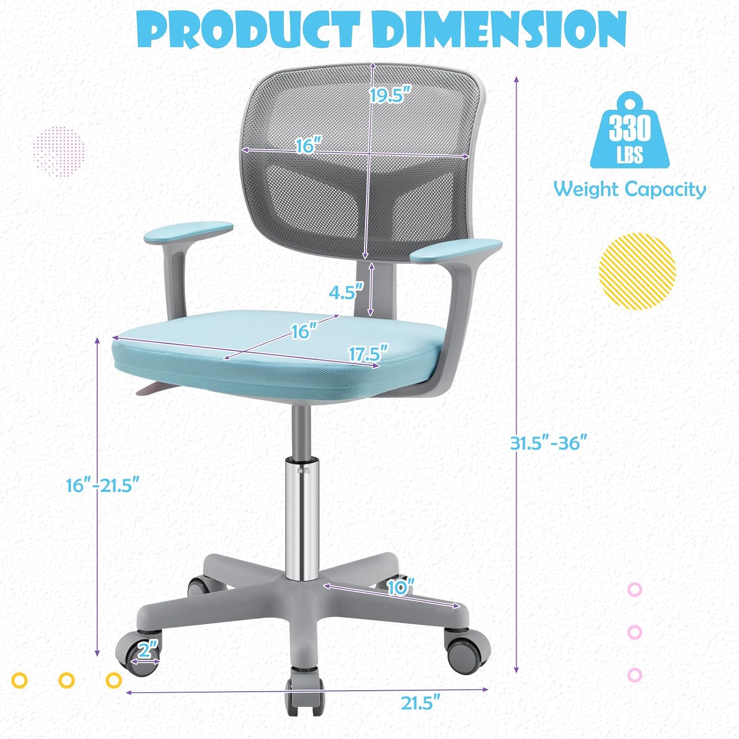 POWERSTONE Silla de escritorio para niños, silla de computadora de malla ajustable con reposabrazos, cojín suave y silla de oficina giratoria de