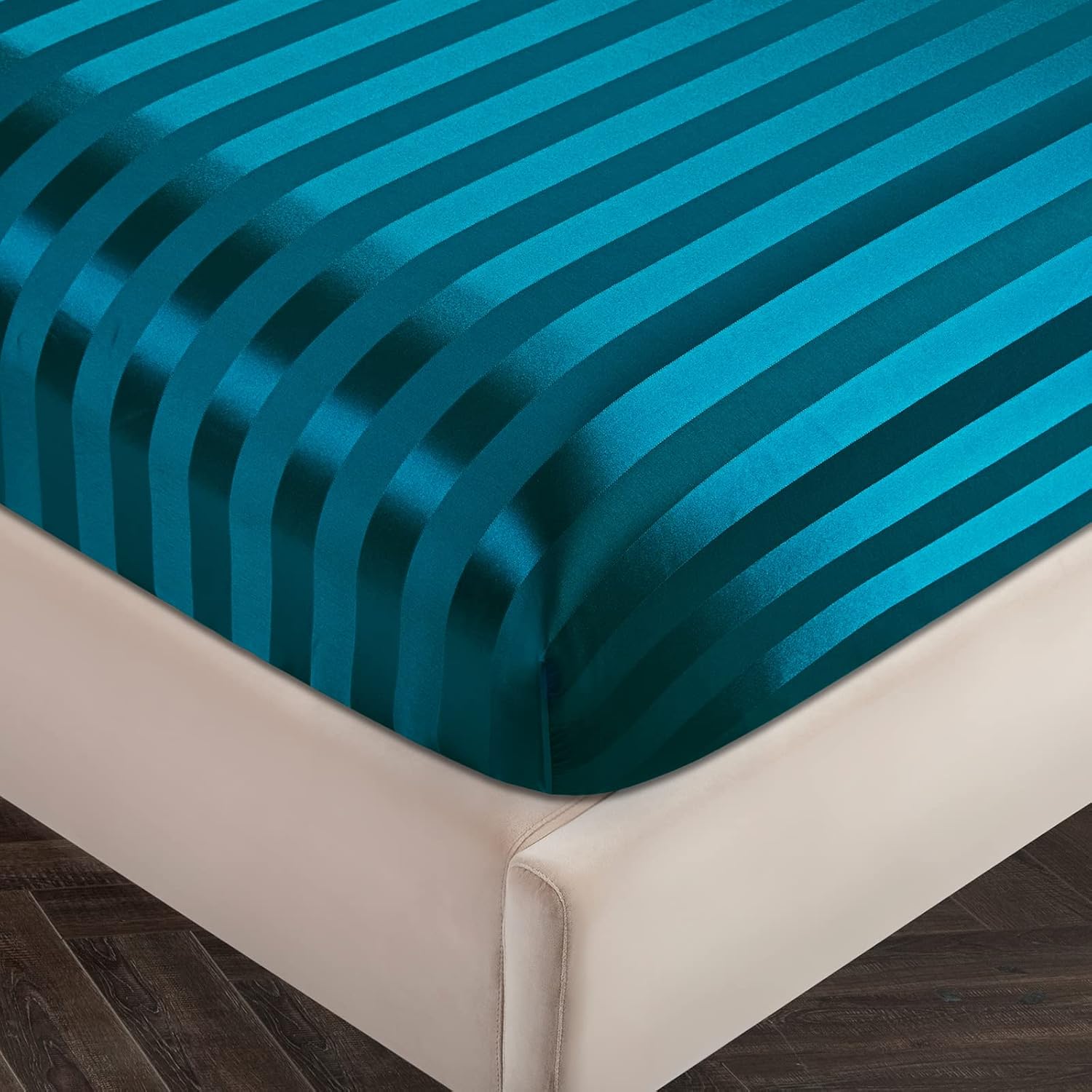 SiinvdaBZX 4 sábanas de satén con estampado a rayas, estilo italiano, sedosas, suaves, de satén verde azulado con bolsillo profundo, 1 sábana
