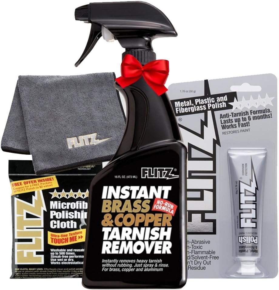 Flitz BC 01806 – Limpiador instantáneo de latón y cobre, limpiador en aerosol de 16 onzas + crema de pasta de esmalte de metal de 16 onzas + paño de