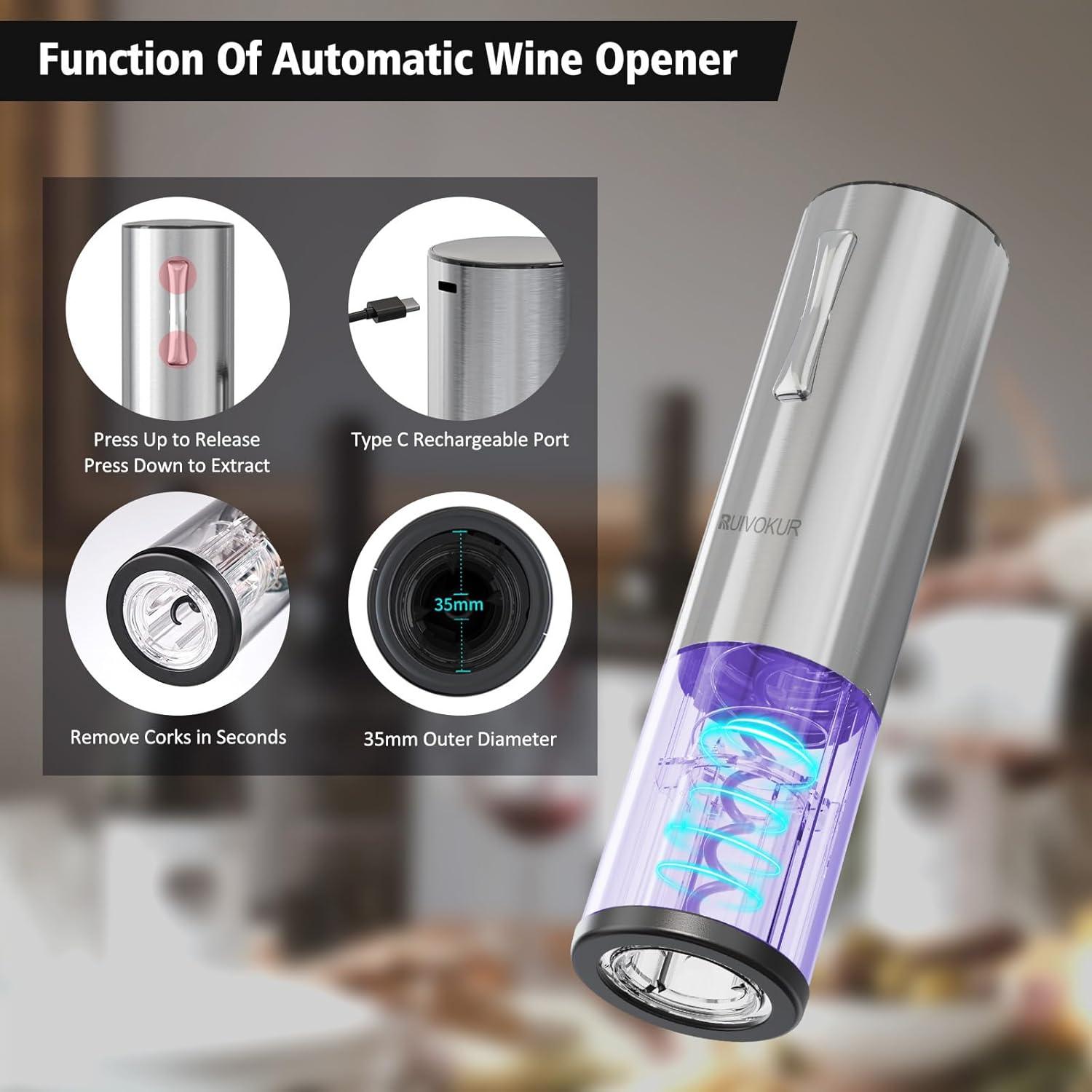 RUIVOKUR Juego de abridor de vino eléctrico, abridor automático de vino y aireador, juego 6 en 1 recargable, abridor de botellas de vino eléctrico,