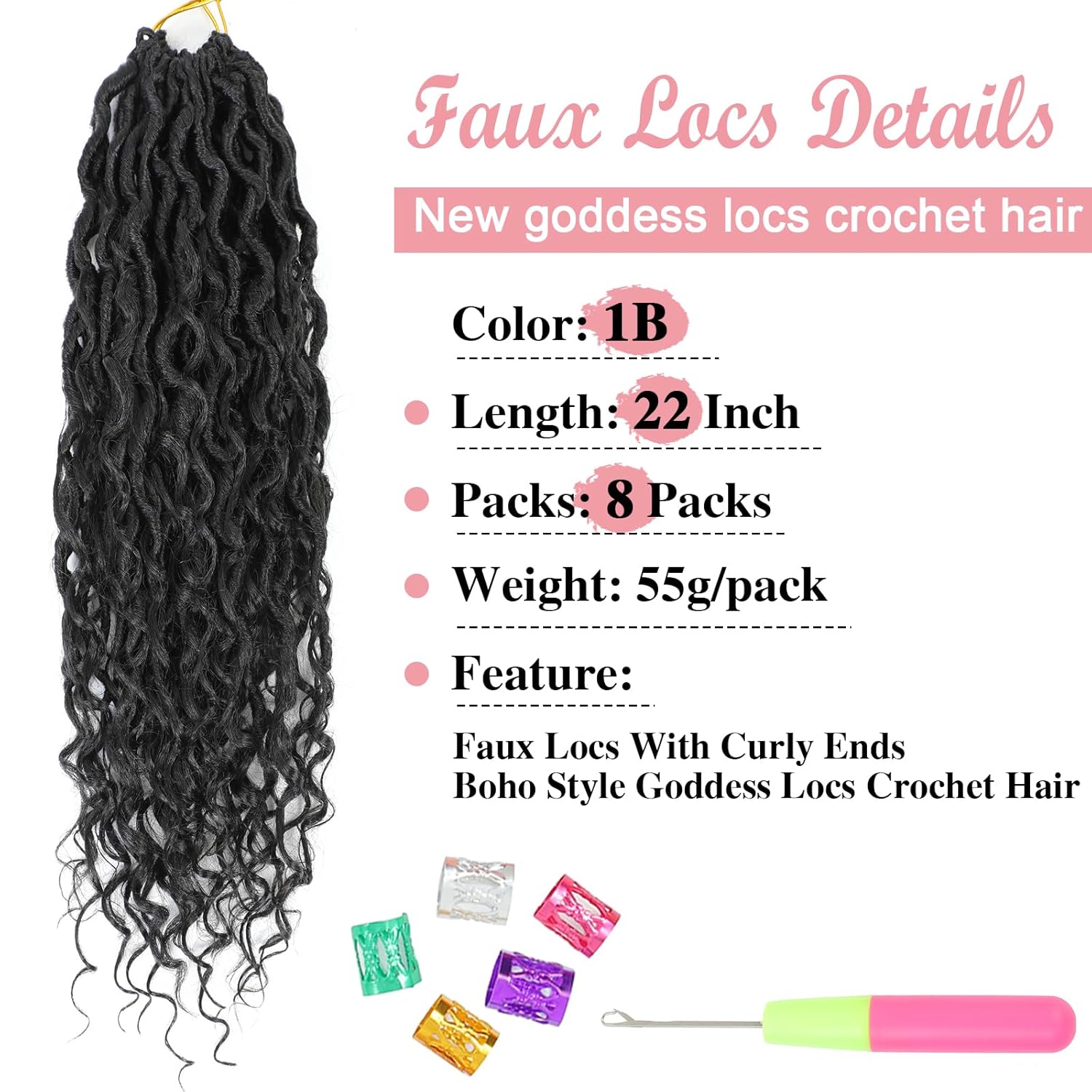 Goddess Locs – Cabello de ganchillo de 22 pulgadas, 8 paquetes de rastas sintéticas de cabello de ganchillo para mujeres negras, rastas sintéticas