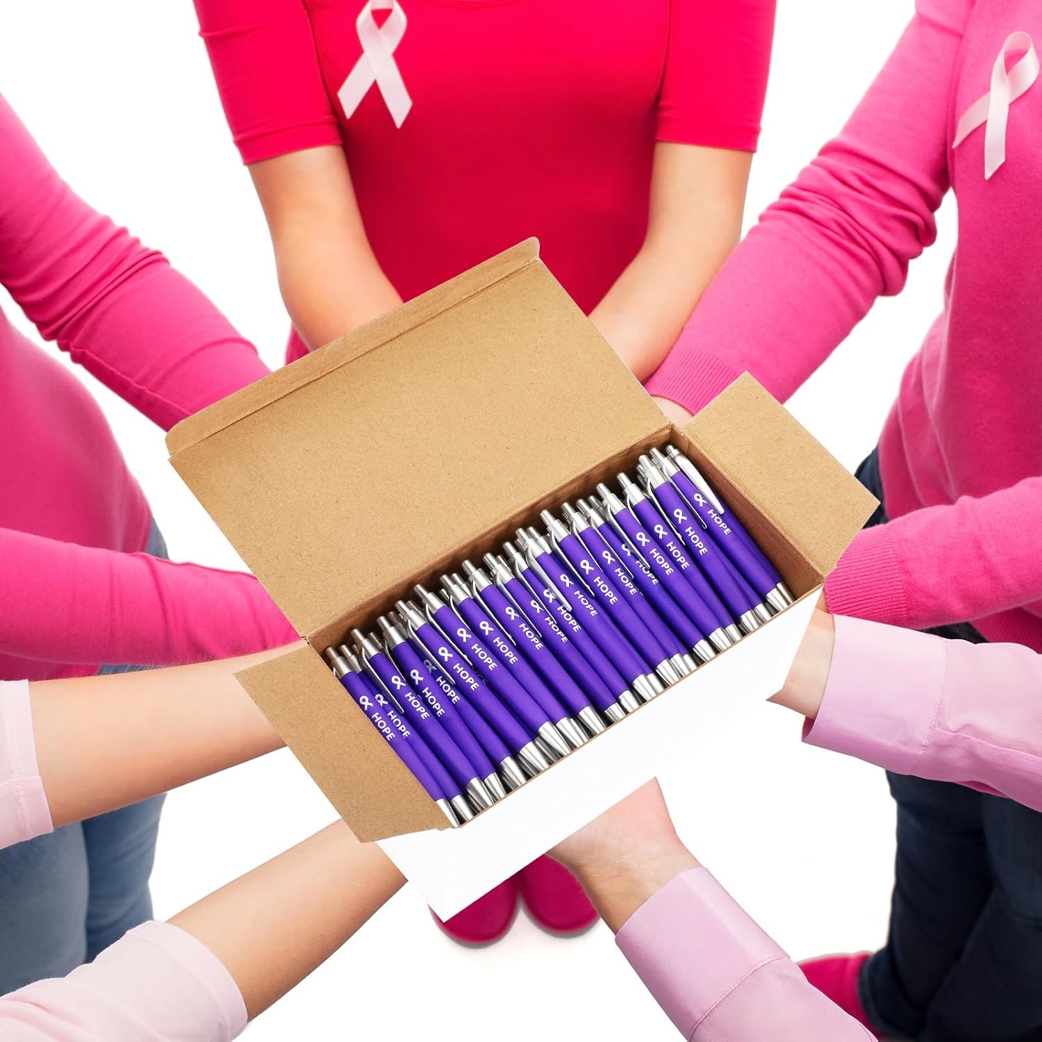 50 bolígrafos de cáncer de mama a granel, color rosa, morado, naranja, con cinta, bolígrafo de concienciación, pulseras antiviolencia,