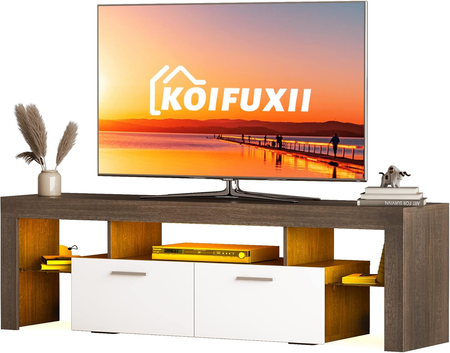 Koifuxii Soporte de TV moderno de mediados de siglo para TV de 40, 50, 55, 60, 65, 70 pulgadas, soporte de TV LED con gabinete de almacenamiento,