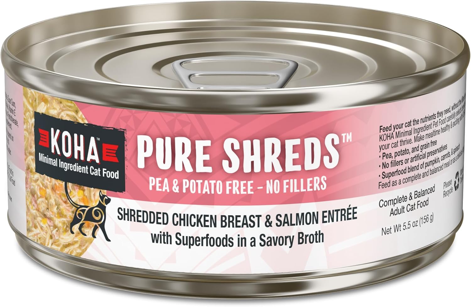 KOHA Pure Shreds – Entrada de pollo y salmón para gatos, comida húmeda para gatos con alto contenido de proteínas, latas de 5.5 onzas (paquete de 12)