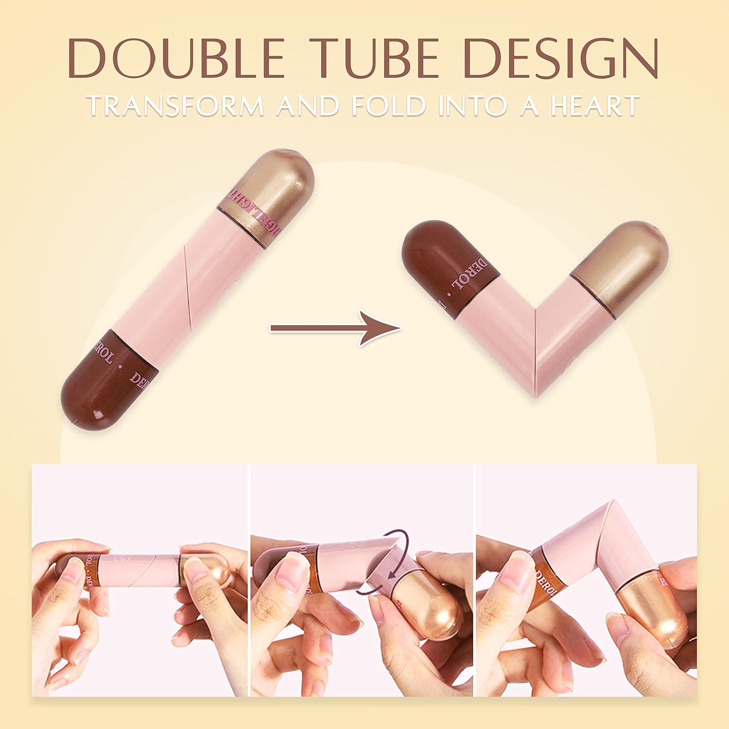 Contorno líquido 2 en 1 e iluminador líquido con aplicador integrado en diseño de tubo de corazón plegable, perfecto para contornos y resaltados