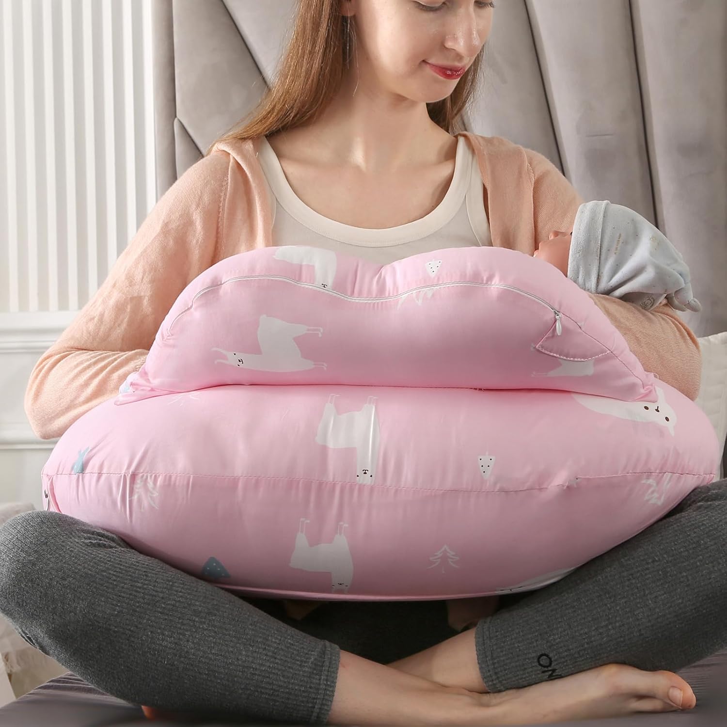 Almohada de lactancia para lactancia, almohadas de lactancia materna para más apoyo para mamá y bebé, con valla de seguridad para bebé, correa de