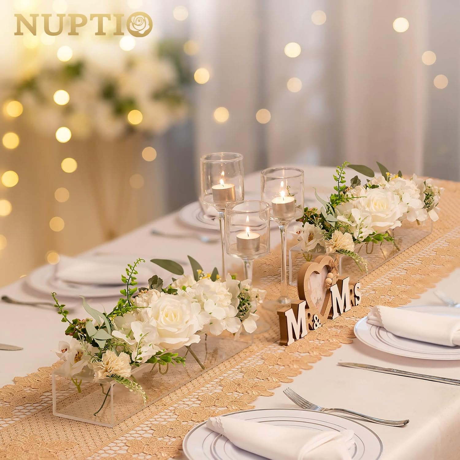 NUPTIO Centros de mesa de boda florales para mesas, 2 piezas de 15.7 pulgadas de largo, jarrones rectangulares transparentes para flores, caja