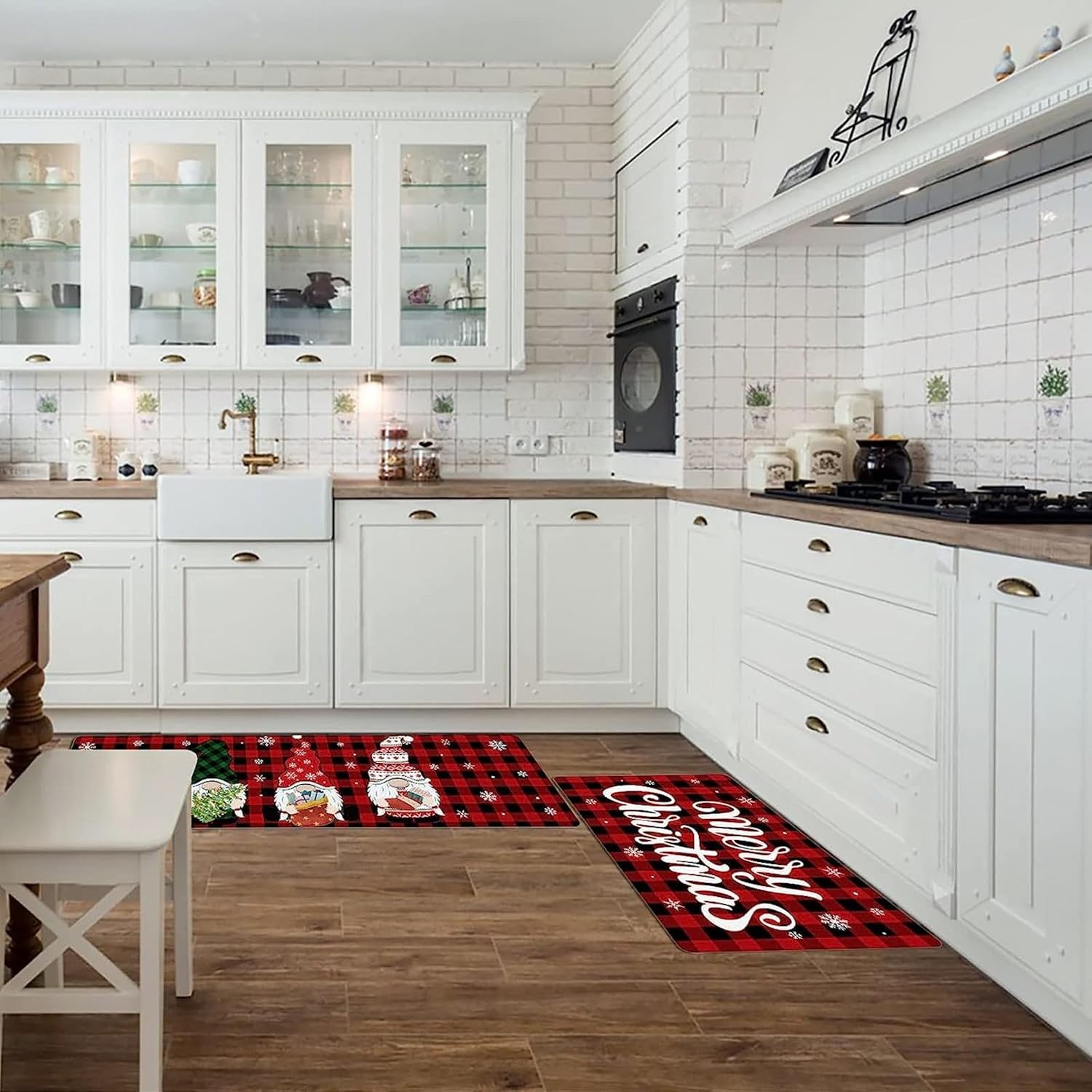 Juego de 2 alfombras y tapetes de cocina con texto en inglés “Merry Christmas”, antideslizantes, absorbentes, con diseño de gnomo de nieve, para
