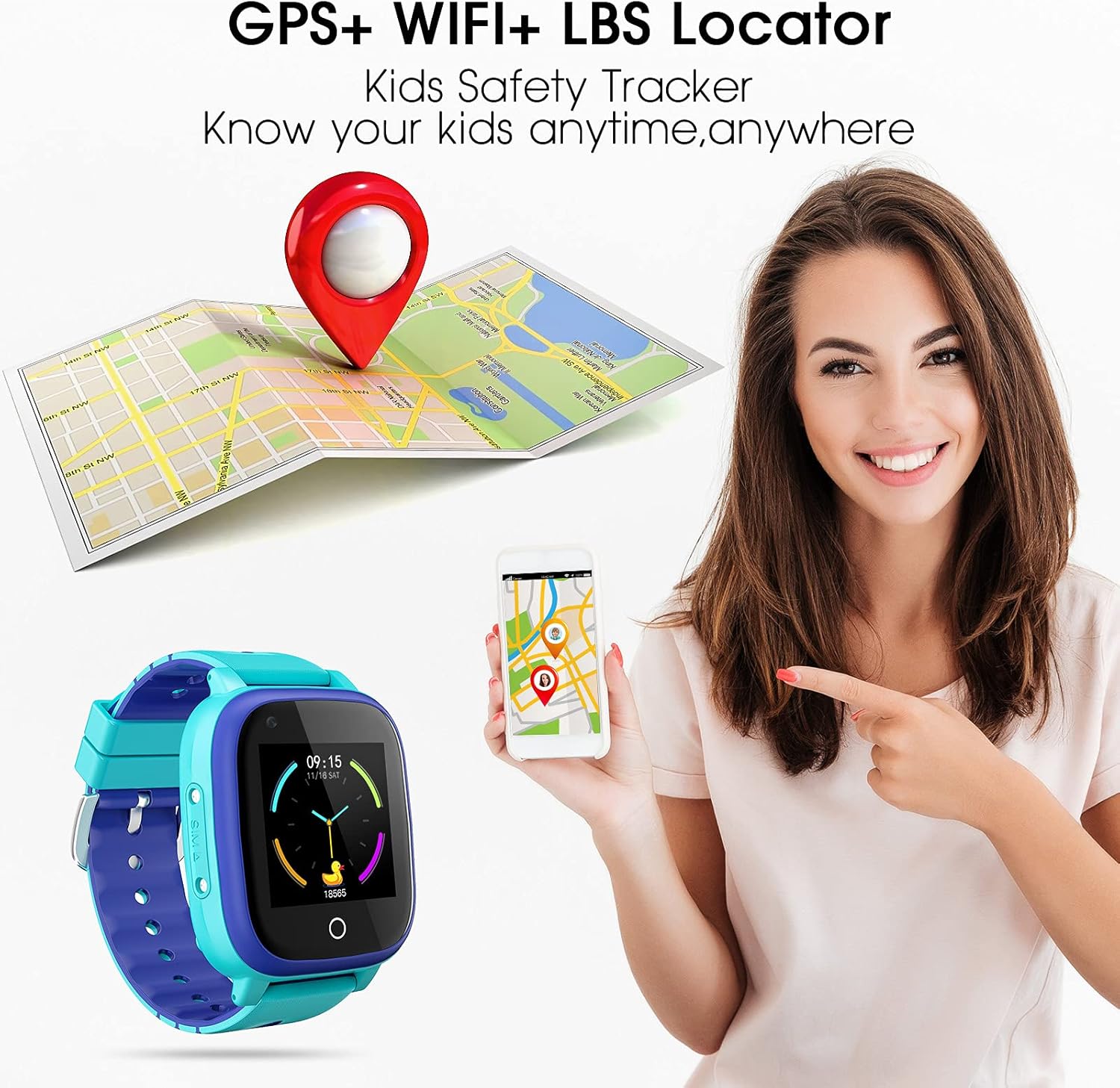 cjc Reloj inteligente 4G para niños con rastreador GPS y llamadas, llamadas de 2 vías y chat de voz y video, alarma SOS, WiFi, impermeable, teléfono