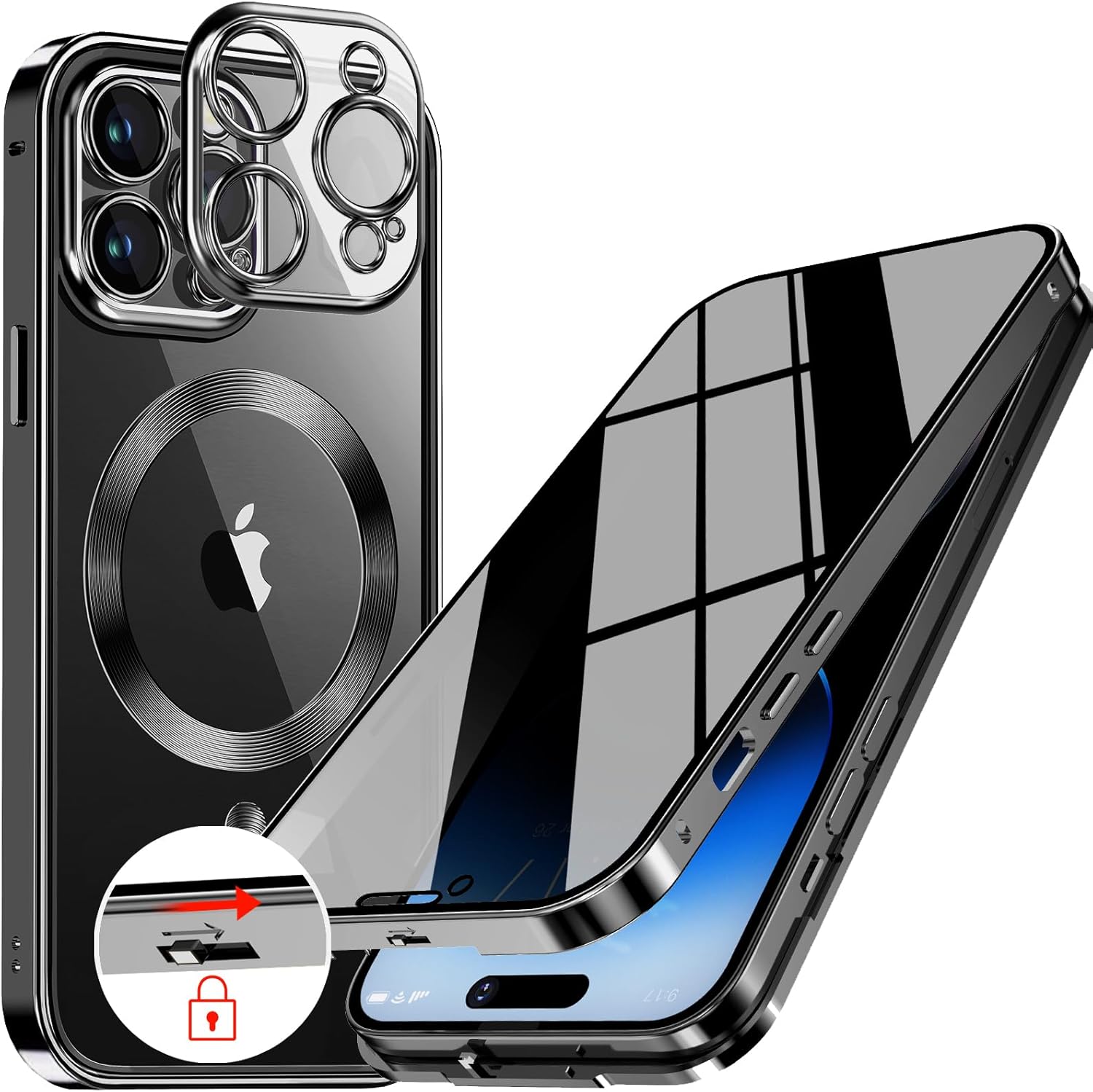 Funda magnética de privacidad para iPhone 13 Pro con anillo de metal CD y bloqueo desplegable automático compatible con MagSafe protección de lente