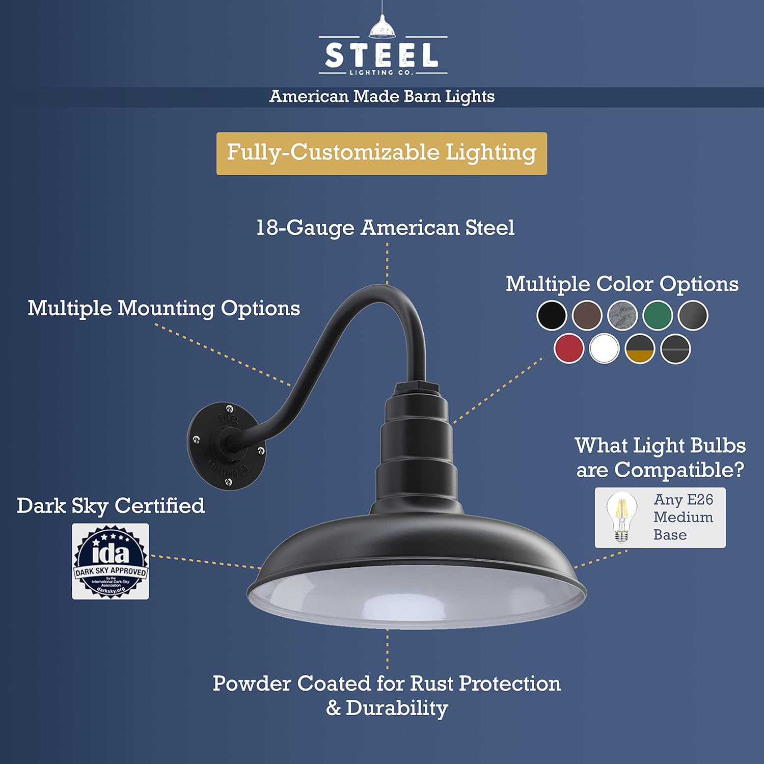 Steel Lighting Co. Topanga – Luz de granero  Sensor de atardecer a amanecer  Montaje en pared al aire libre  Cúpula de 14 pulgadas  Cuello de cisne