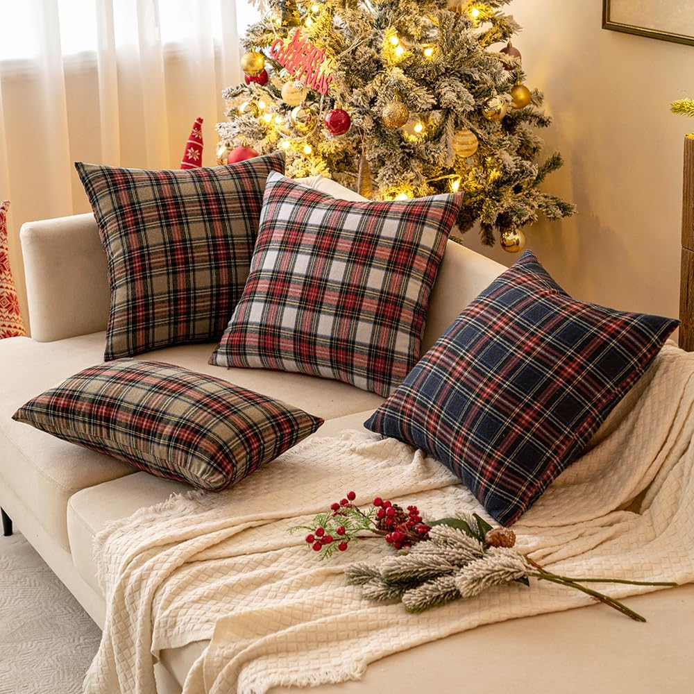 MIULEE Juego de 2 fundas de almohada de cuadros escoceses de Navidad clásicas, decorativas, cuadradas, para decoración de sofá, sofá, 22 x 22