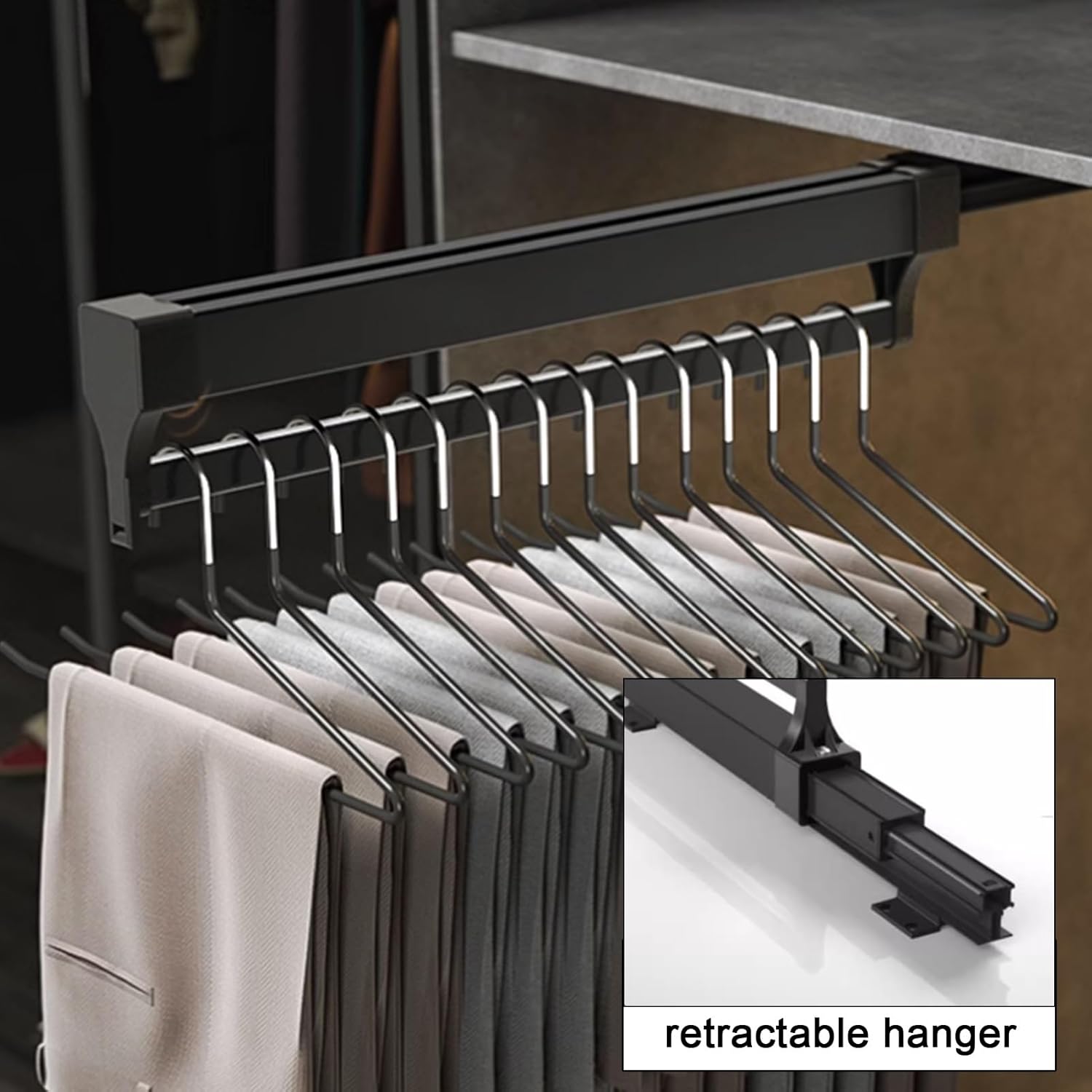 Barra de valet deslizante retráctil, Rodamiento de 55.1 lbs Barra de armario extraíble, Estante de pantalones organizador de aleación de aluminio,