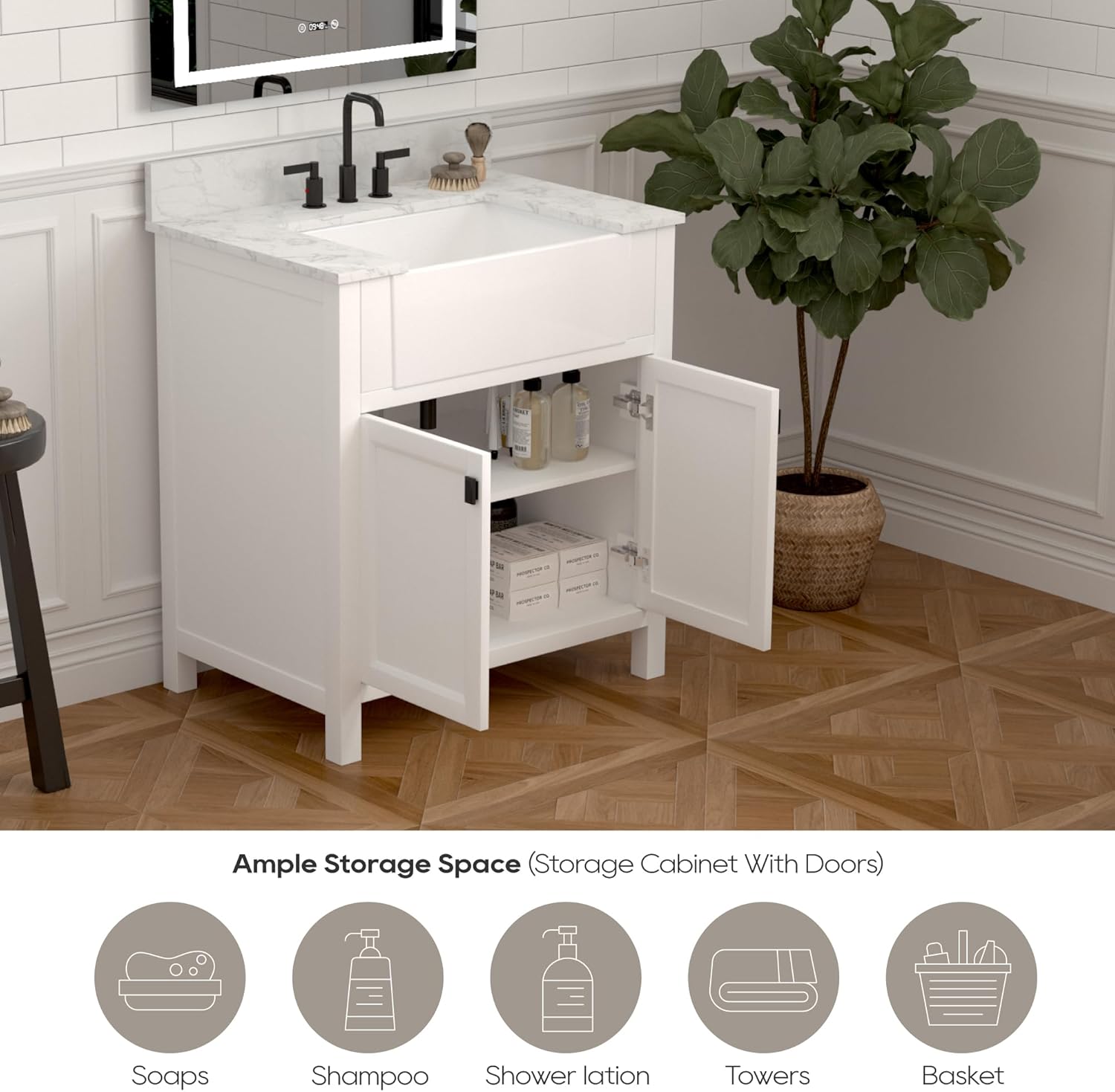 Tocador de baño con lavabo de 30 pulgadas, combo de gabinete de lavabo de baño en blanco, tocador de almacenamiento moderno con puerta de cierre