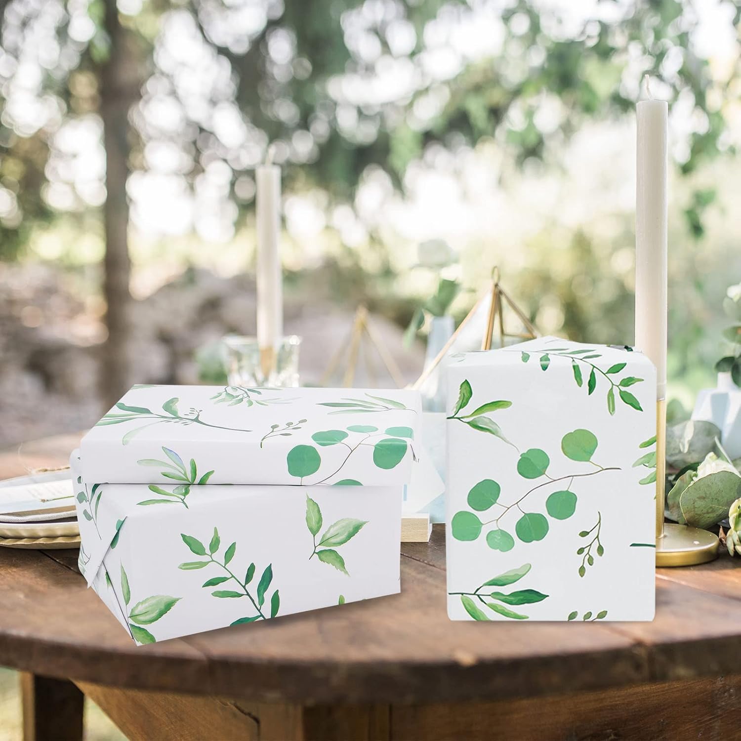 Whaline Papel de regalo de hojas verdes de acuarela, papel de regalo de hojas verdes a granel, papel de arte plegado plano para safari en la selva,