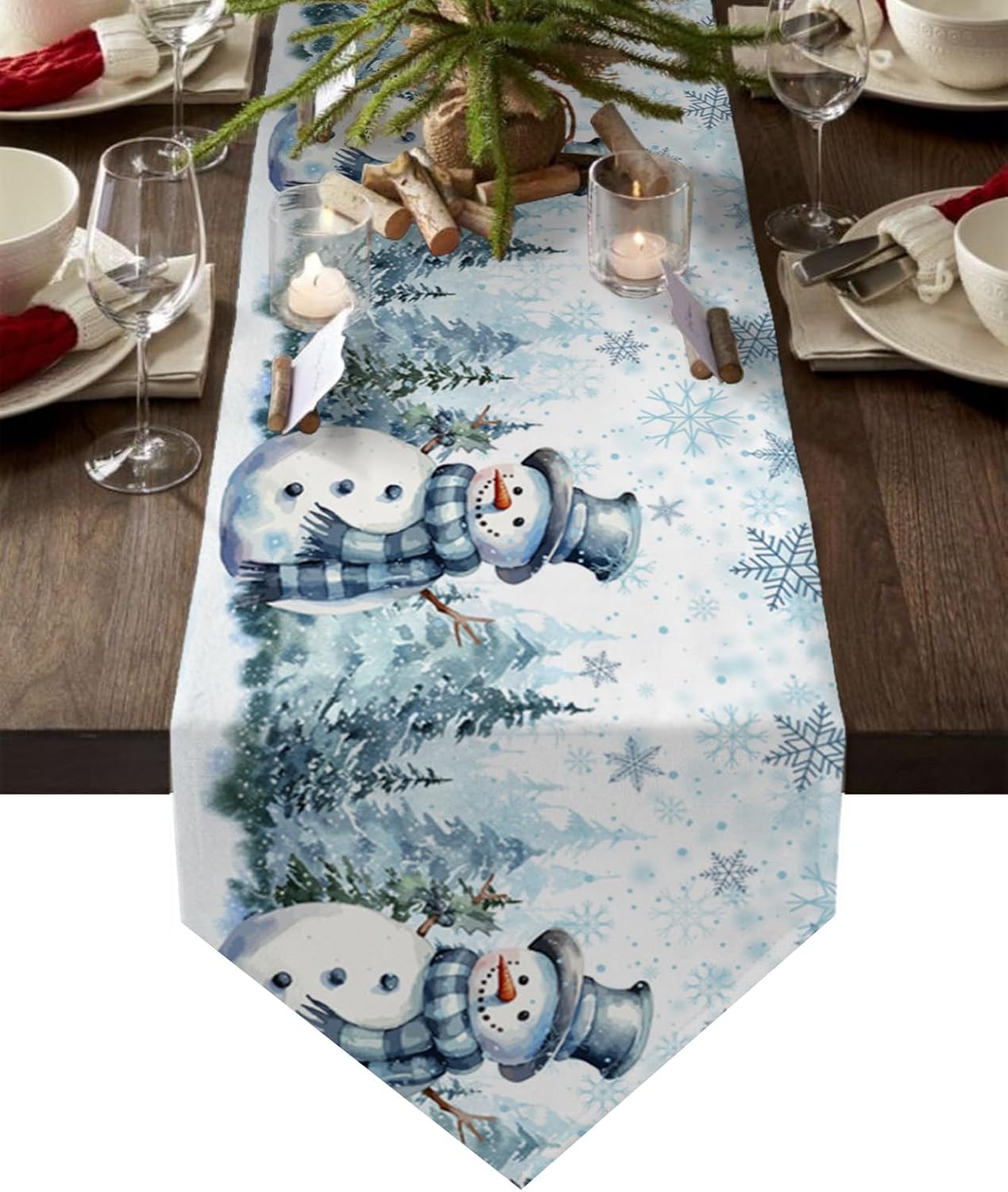 Camino de mesa navideño de invierno, lindo muñeco de nieve, acuarela, árbol de Navidad, bufanda, decoración de mesa para el hogar, cocina, comedor,