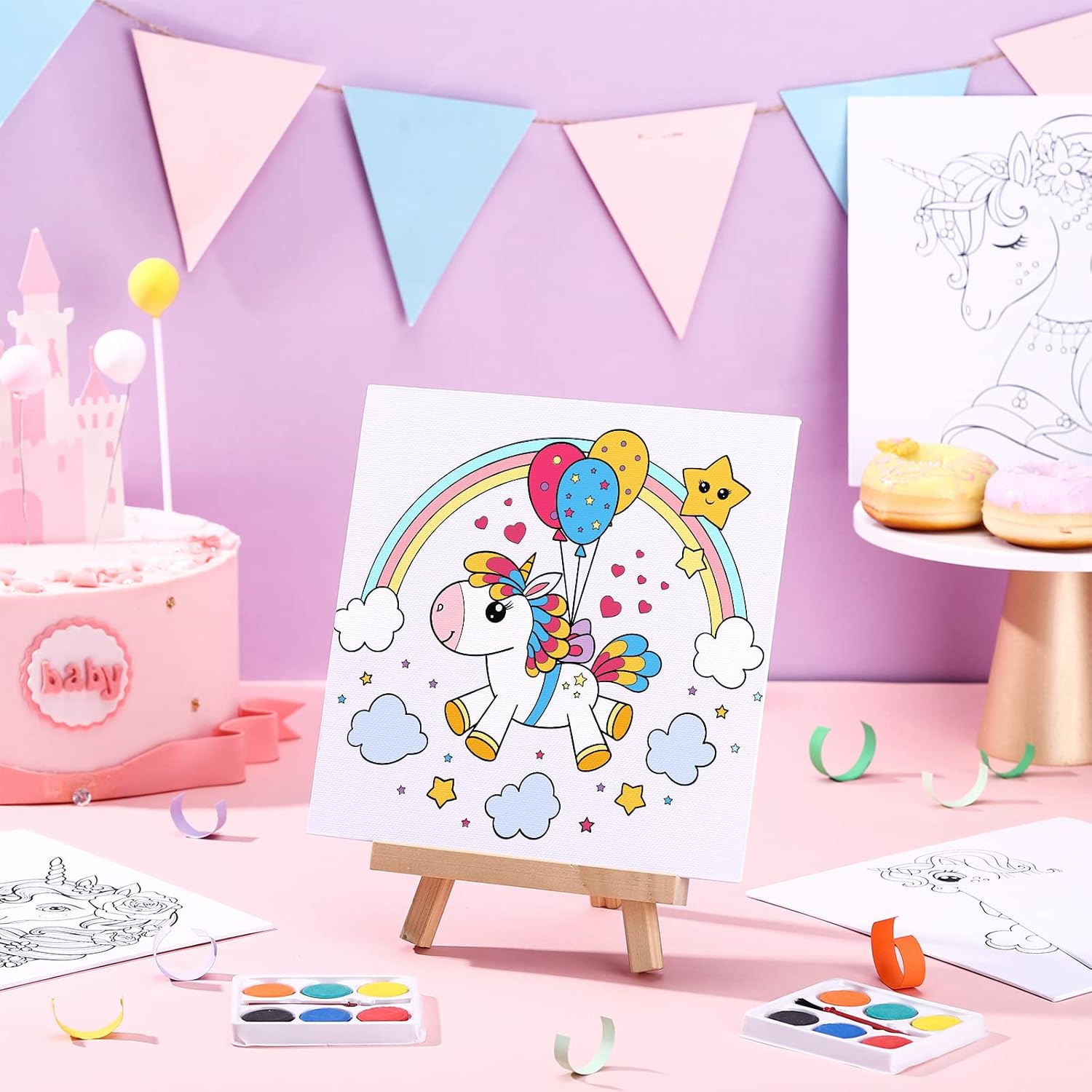 Ireer Paquete de 12 kits de pintura de unicornio, 12 lienzos predibujados para pintar con 12 piezas de pintura sólida de 6 colores y 12 pinceles de