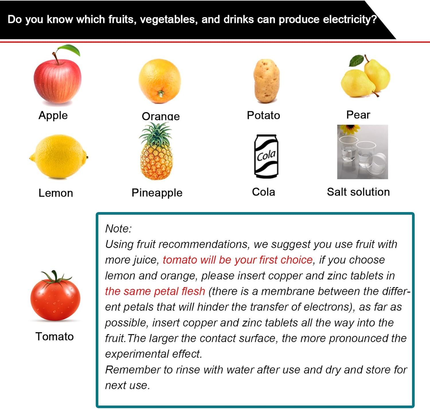 EUDAX Kit de experimento científico de batería de frutas con reloj electrónico y LED RGB para bricolaje juguete de enseñanza en casa, proyecto de