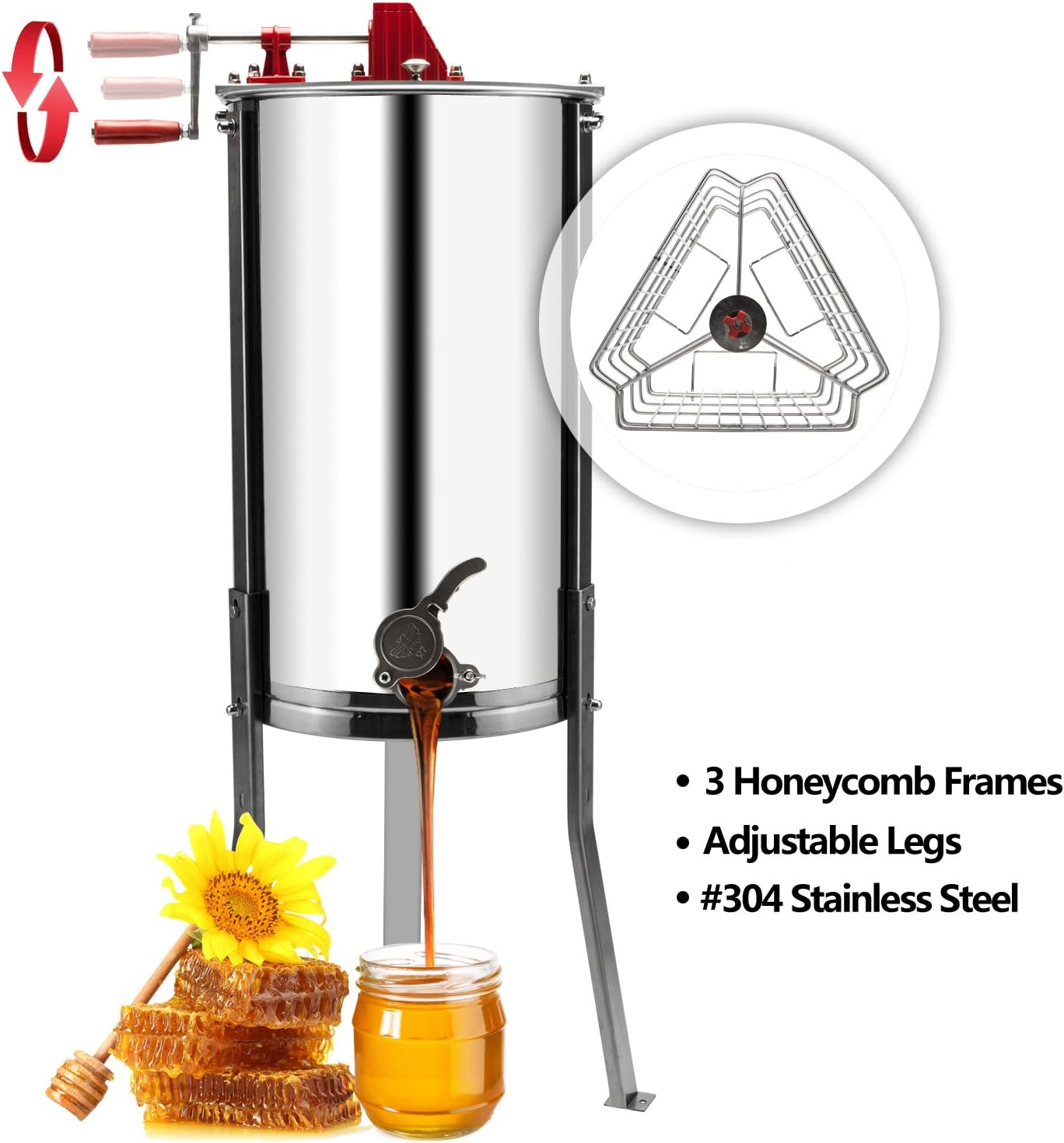VINGLI – Extractor de miel de 3 marcos, separador de acero inoxidable de grado alimenticio, manivela manual de tambor con soportes de altura