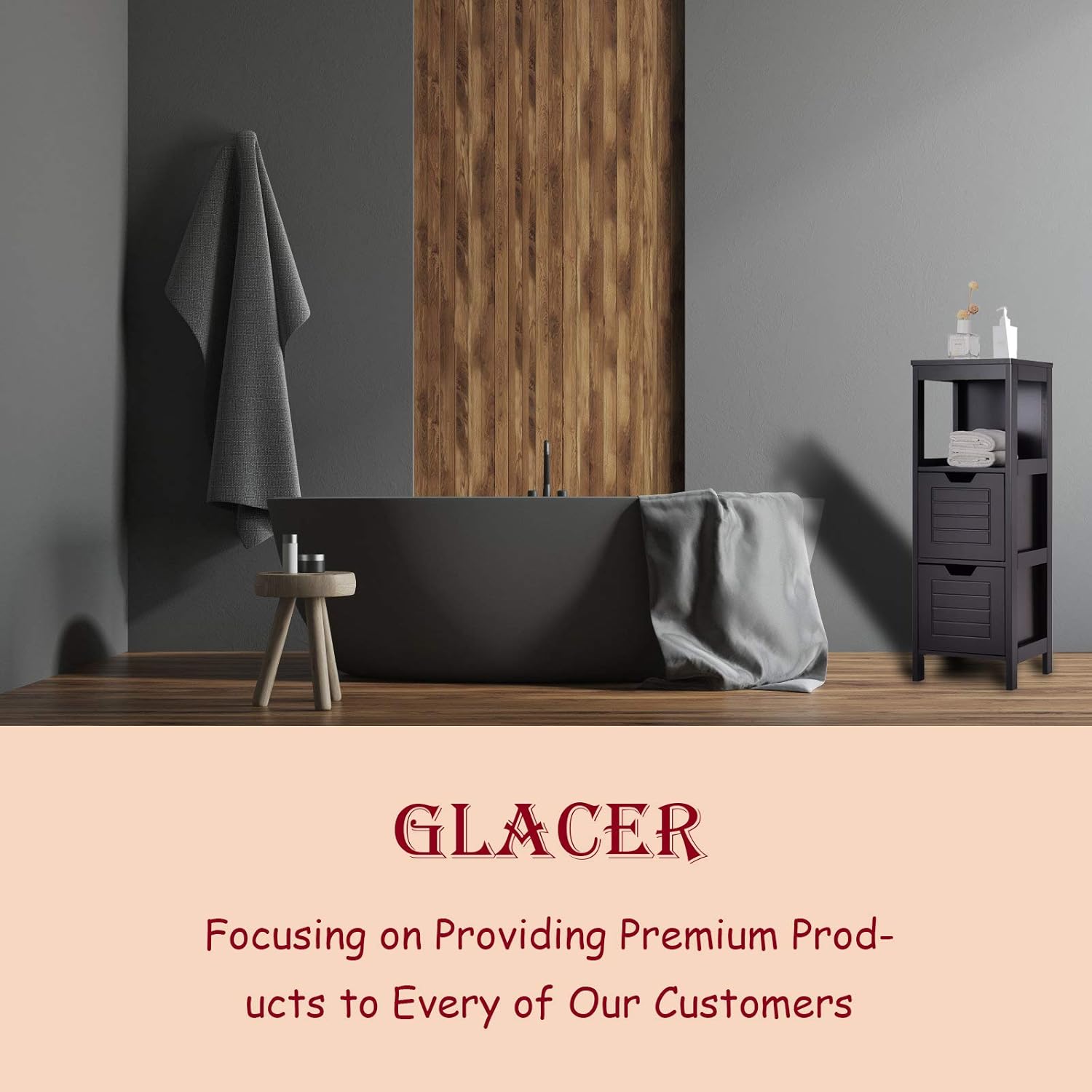 GLACER Armario de suelo de baño, armario de almacenamiento lateral de madera con dos cajones extraíbles para almacenamiento flexible, adecuado para